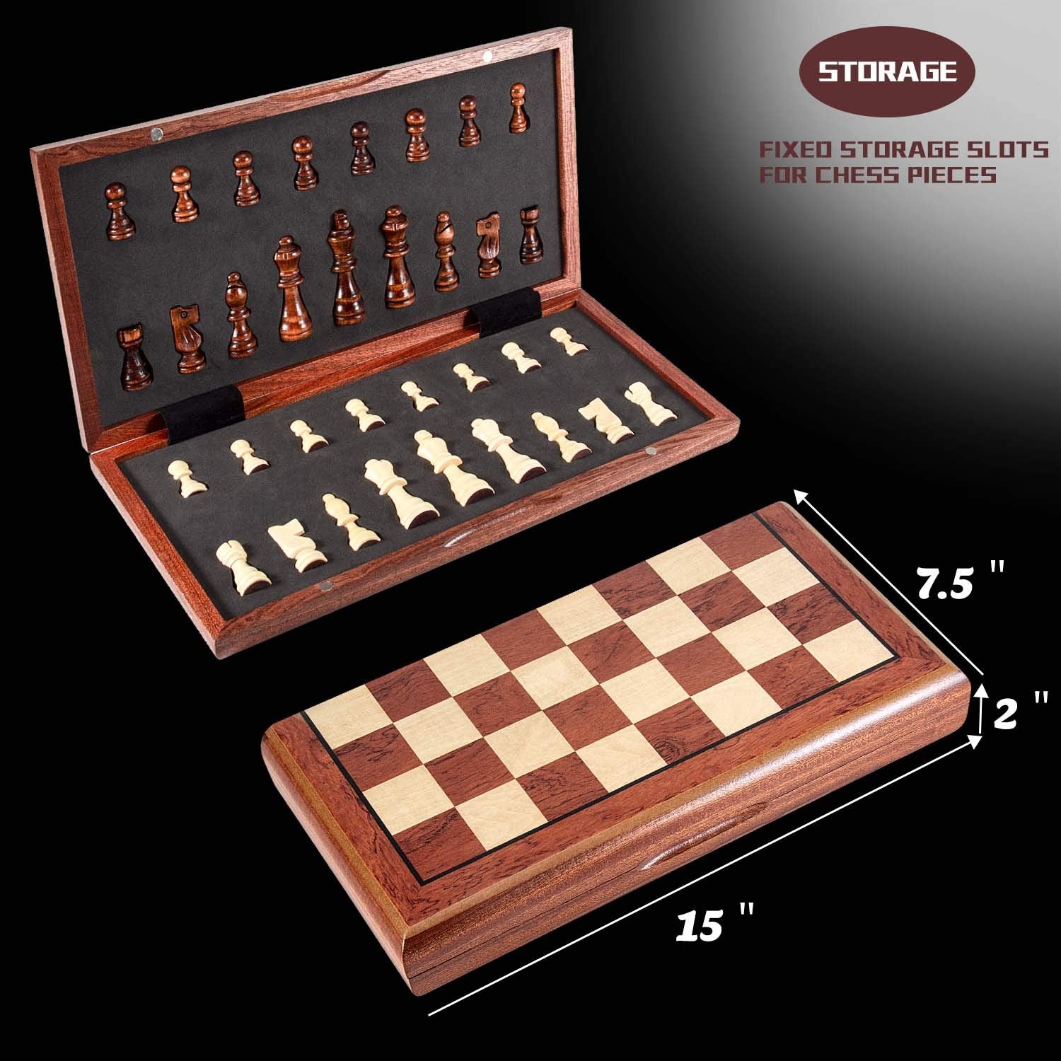 AMEROUS 15'' Magnetic Wooden Chess Set -Folding Board -2 Extra Queens -Chessmen Storage Slots -Gift Package, Travel Chess Board Game Sets for Kids