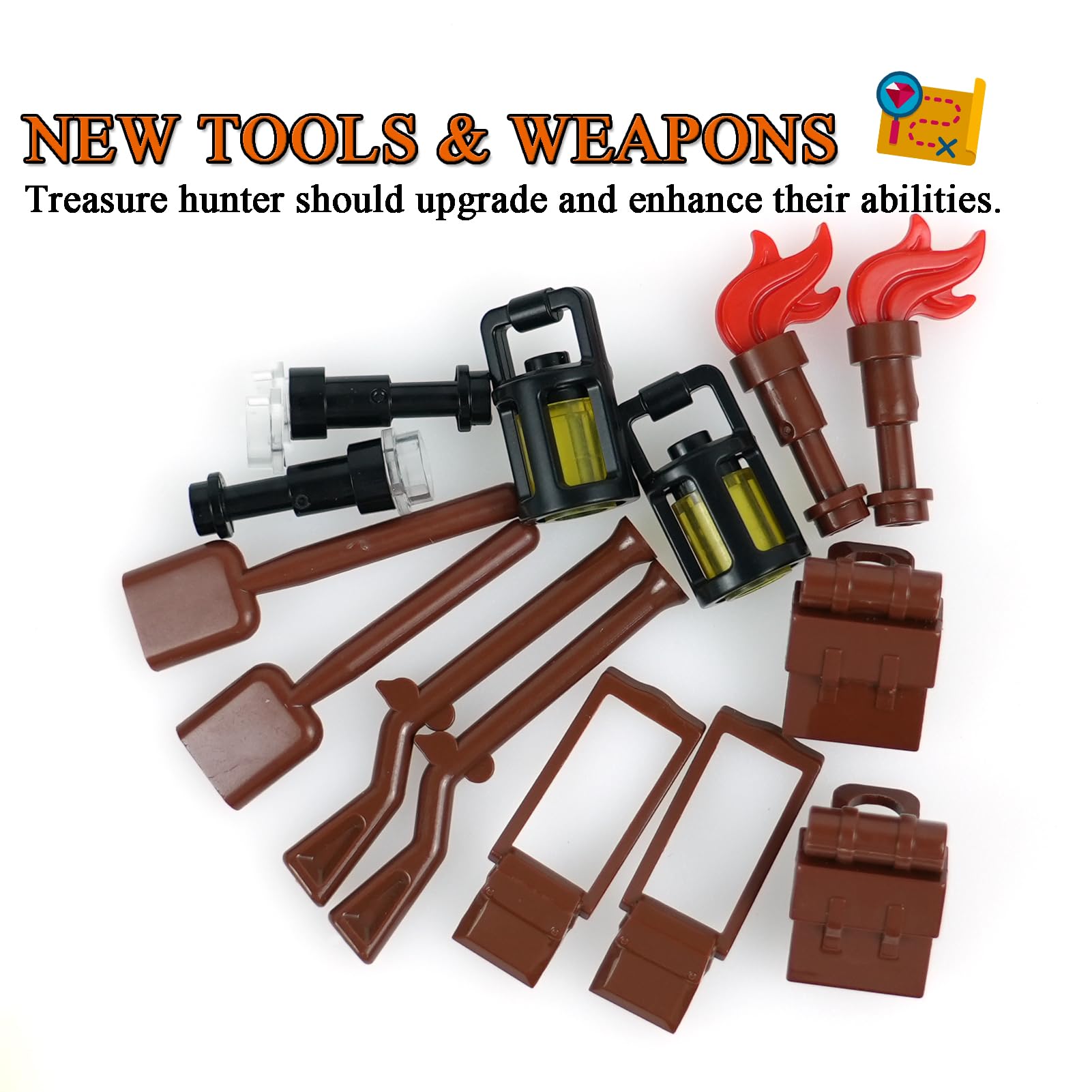 BroTex Pirates Treasure Chest Money Dollars, Silver Golden Gems Crystals Bag Torch Cannon Bricks Accessories Pack, Building Blocks Toys
