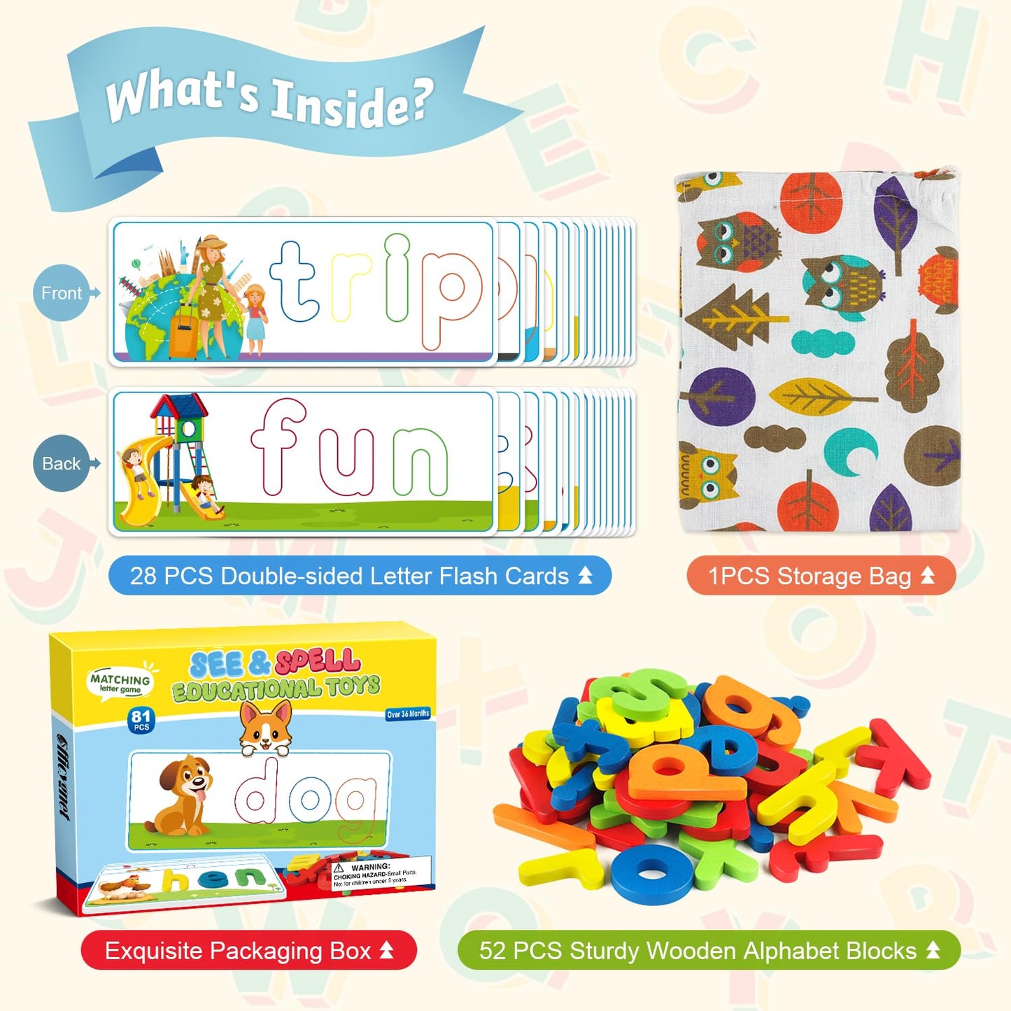 Officygnet Learning Toys for 3 4 5 6 Years Old Boys and Girls, See & Spell CVC Word Builders with Alphabet Cards for Kids Ages 3-5, Matching Letter