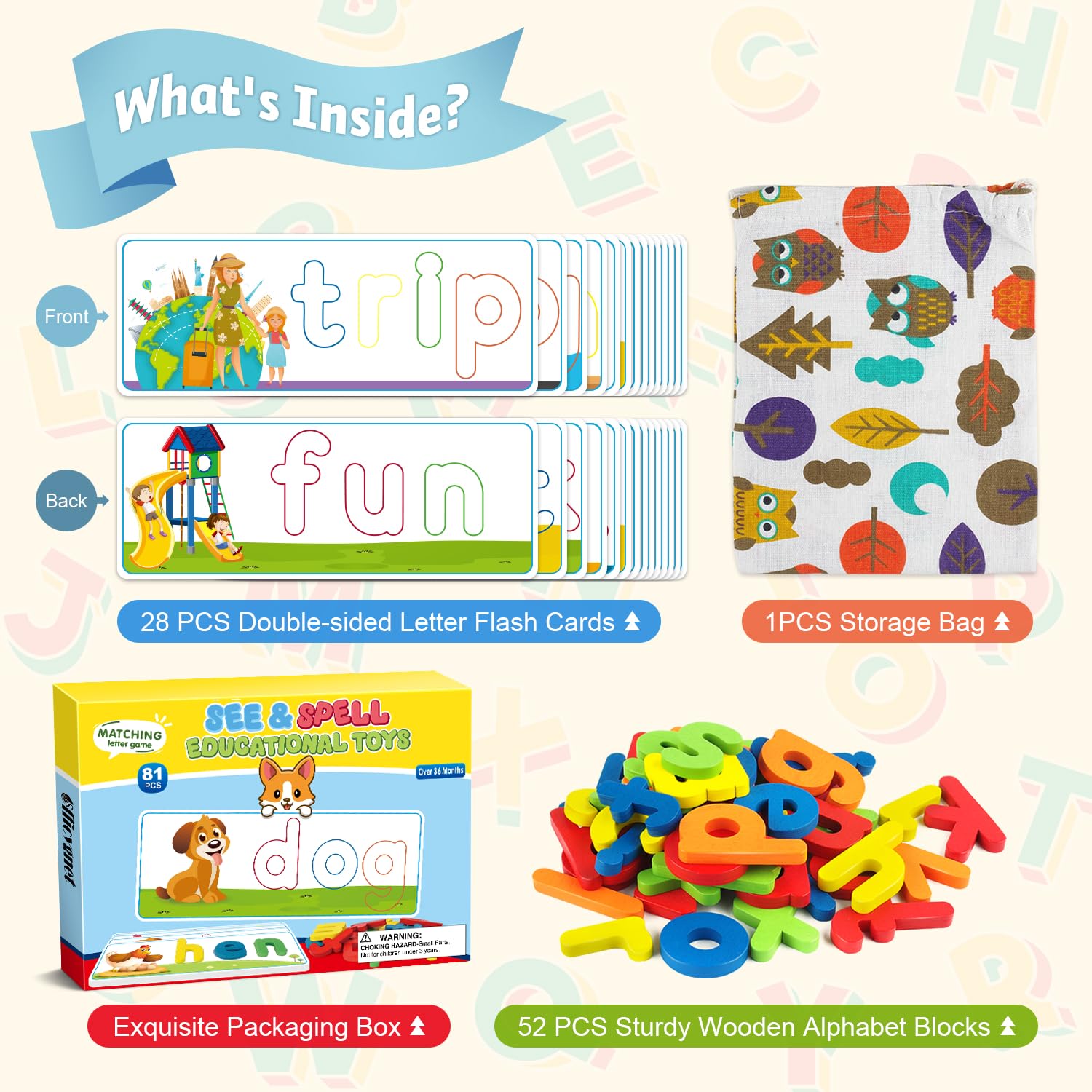 Officygnet Learning Toys for 3 4 5 6 Years Old Boys and Girls, See & Spell CVC Word Builders with Alphabet Cards for Kids Ages 3-5, Matching Letter