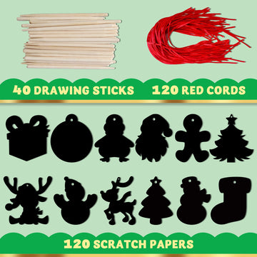 JOYIN 120 Pcs Christmas Scratch Art Ornaments, Rainbow Color Scratch Paper Craft Kit, Christmas Hanging Ornament, Scratch Off DIY Arts & Crafts Kit