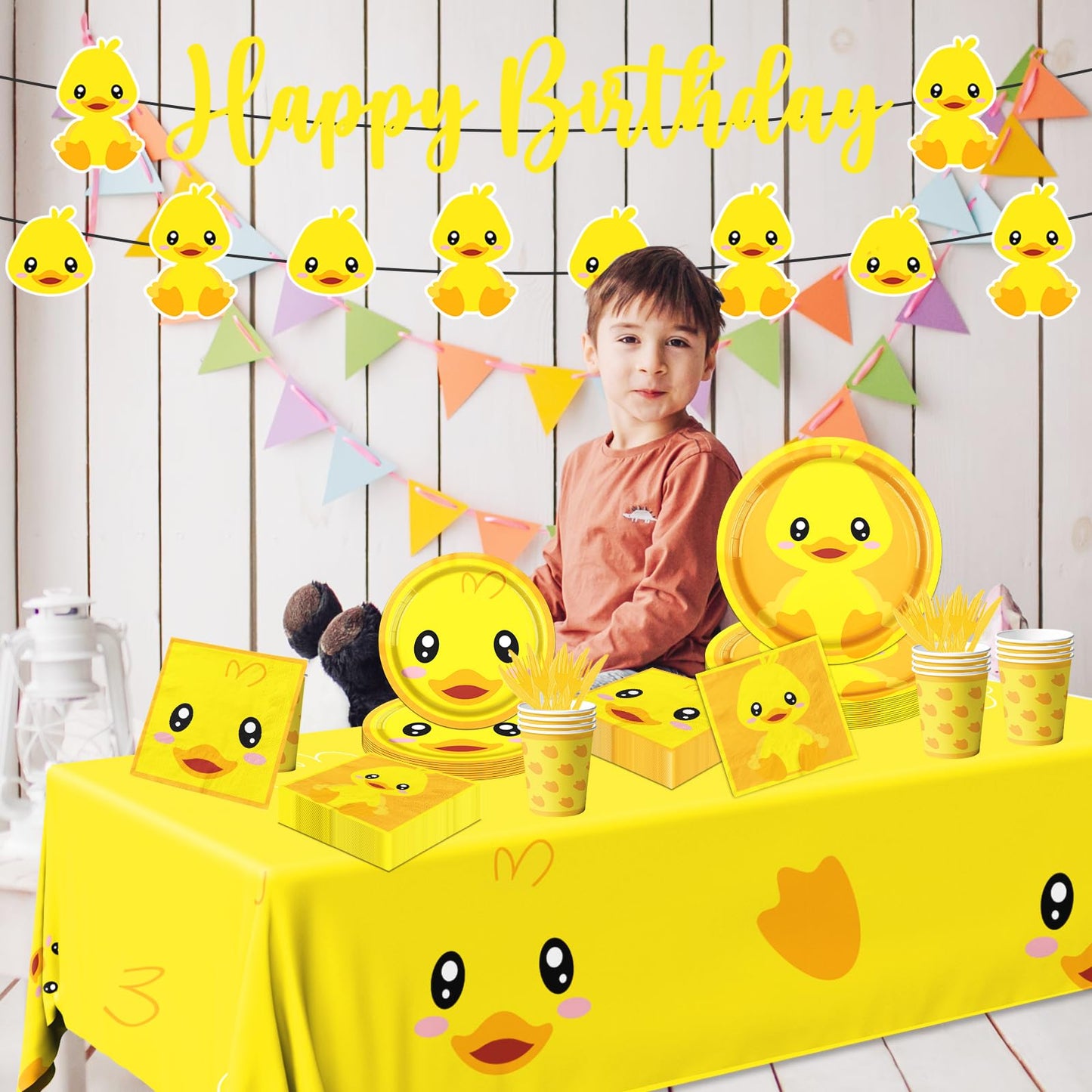 Rubber Duck Party Supplies,Happy Birthday Duckie Tableware Set Duck Plates Yellow Baby Shower Napkins Cups for Waddle It Be Gender Reveal Party,One