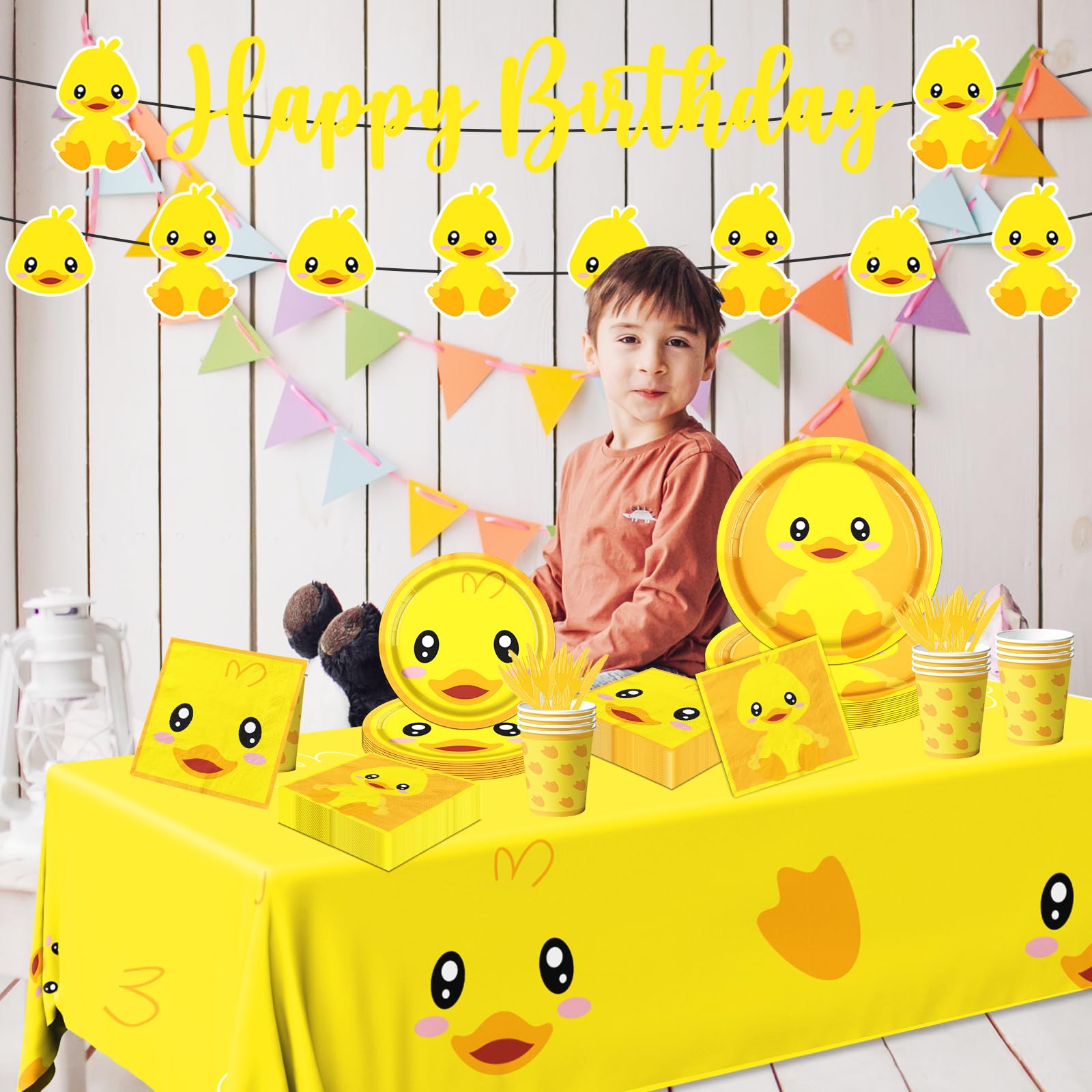 Rubber Duck Party Supplies,Happy Birthday Duckie Tableware Set Duck Plates Yellow Baby Shower Napkins Cups for Waddle It Be Gender Reveal Party,One