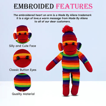 Made By Aliens Traditional Sock Monkey Plush Toy Hand Knitted Stuffed Animal for Kids & Babies (16" Rainbow)