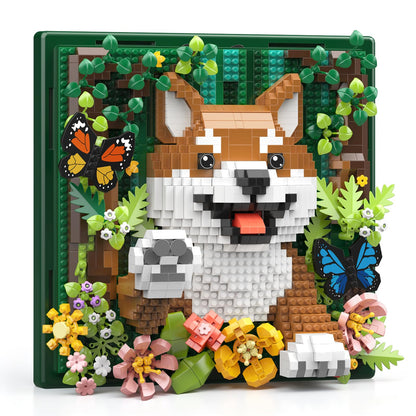 Vziimo Animal Flowers 3D Wall Art Building Set, Botanical Dog Micro Building Blocks Wall & Tabletop Display Decor Model Kit, Shiba Inu Toys Gifts