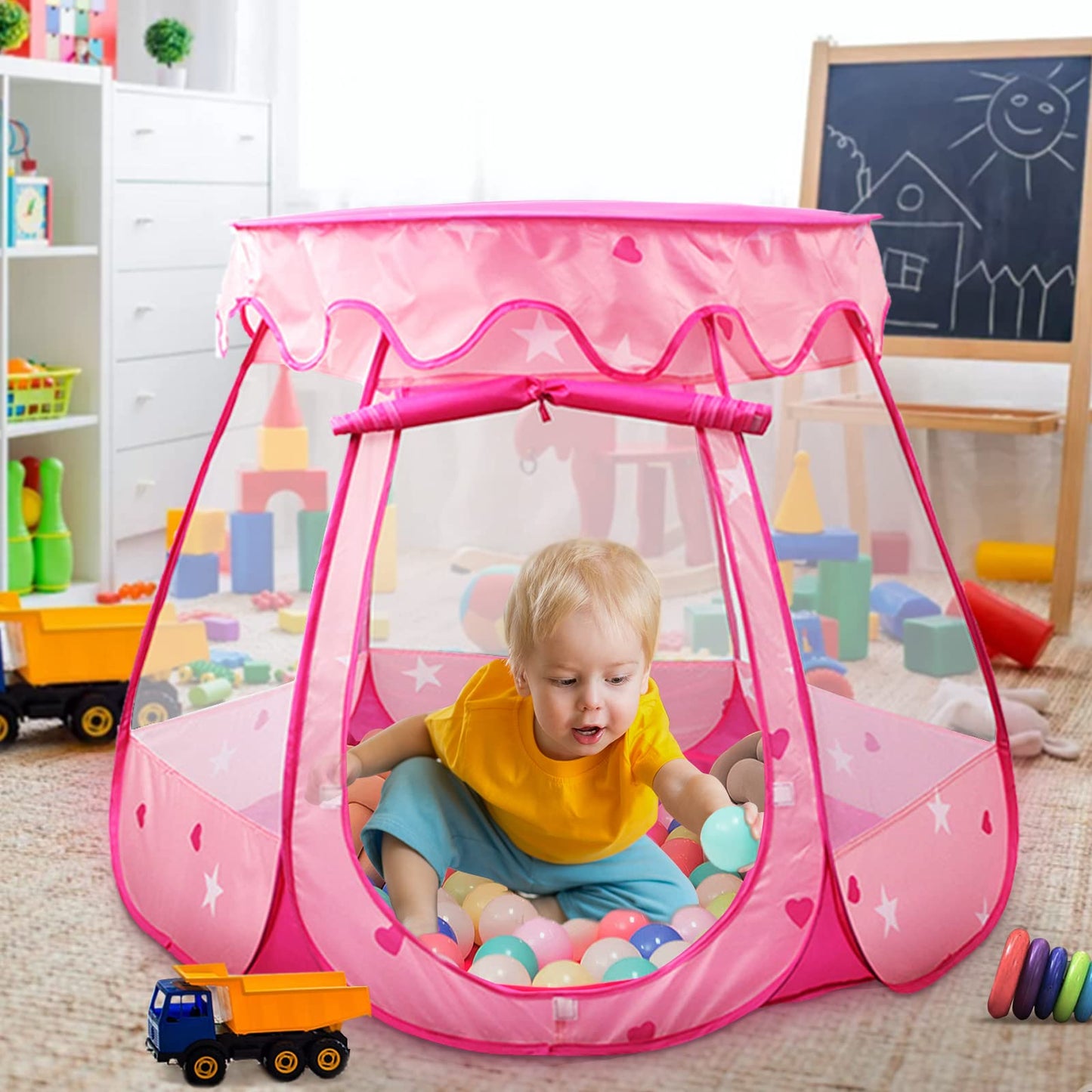 Crayline Pop Up Princess Tent with Star Light, Toys for Year Old Girl Birthday Gift, Girl Toys, Ball Pit for Girl Gift, Easy to Pop Up