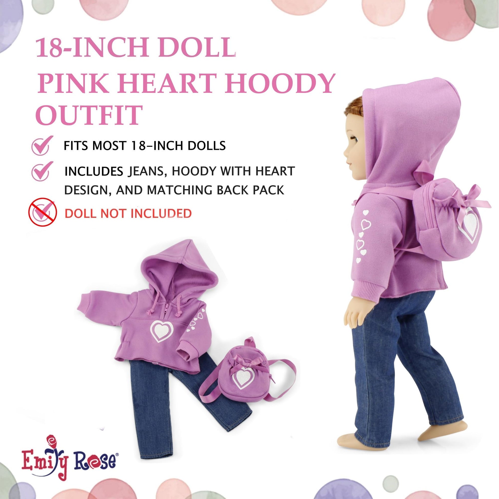 Emily Rose 18-inch Doll Pink Hoodie Outfit - 3-Piece Set with Sweatshirt, Jeans & Matching Backpack - Gift Boxed 18” Doll Clothes - Compatible