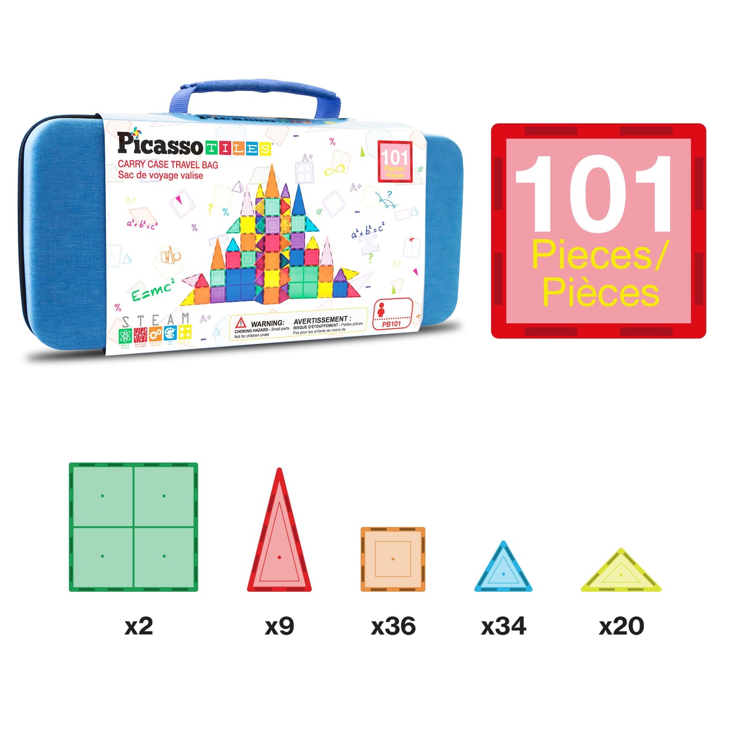 PicassoTiles 101 PCs Magnetic Tiles Building Block with Storage Case Included Bold Colors Travel Carry Case Construction Set for Boys & Girls Great