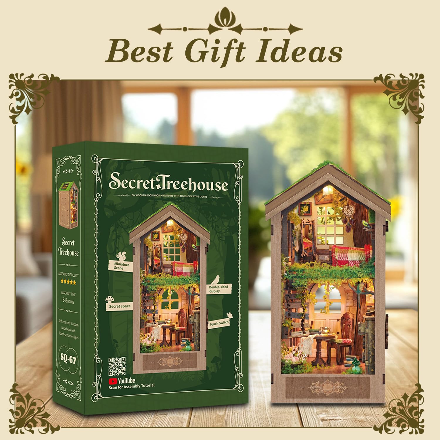 DIY Book Nook Kits for Adults,3D Miniature House Dollhouse with LED,The Secret Treehouse Wooden Bookshelf Insert Booknook,Gifts for Family Friends