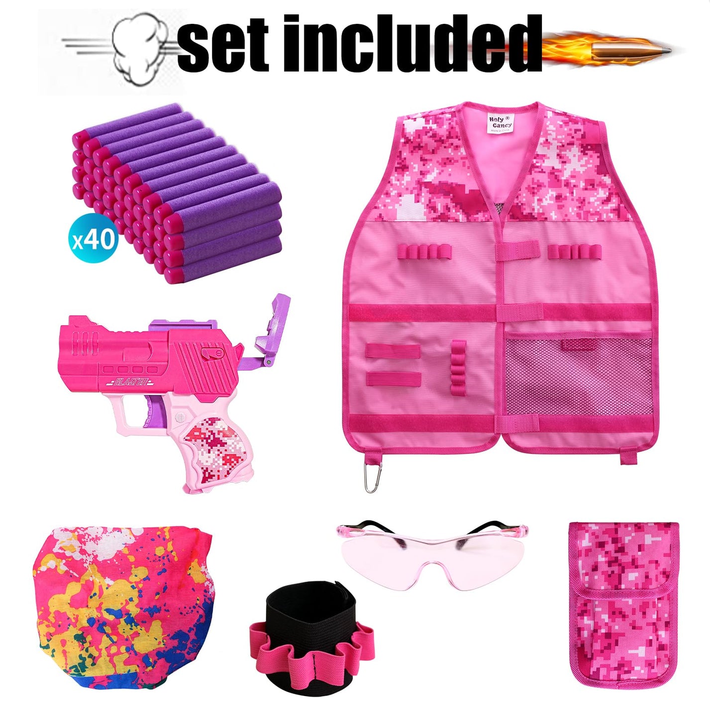 Girls Tactical Vest Kit with Blaster - Kids Pink Tactical Vest Compatible with Nerf Rebelle N-Strike Purple Darts Googles for Girl