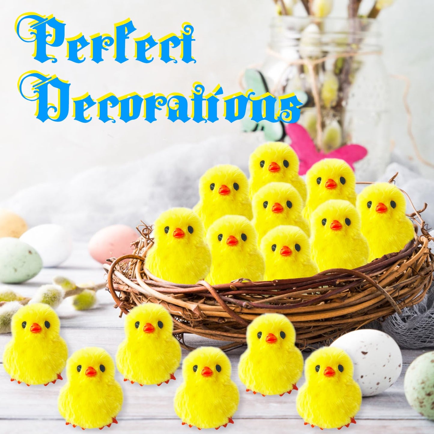 Baaxxango 24 PCS Easter Fluffy Chicks,3.4 Inch Yellow Soft Plush Chicks Figurines,Realistic Plush Farm Chick Mini Ornaments Stuffed Animal