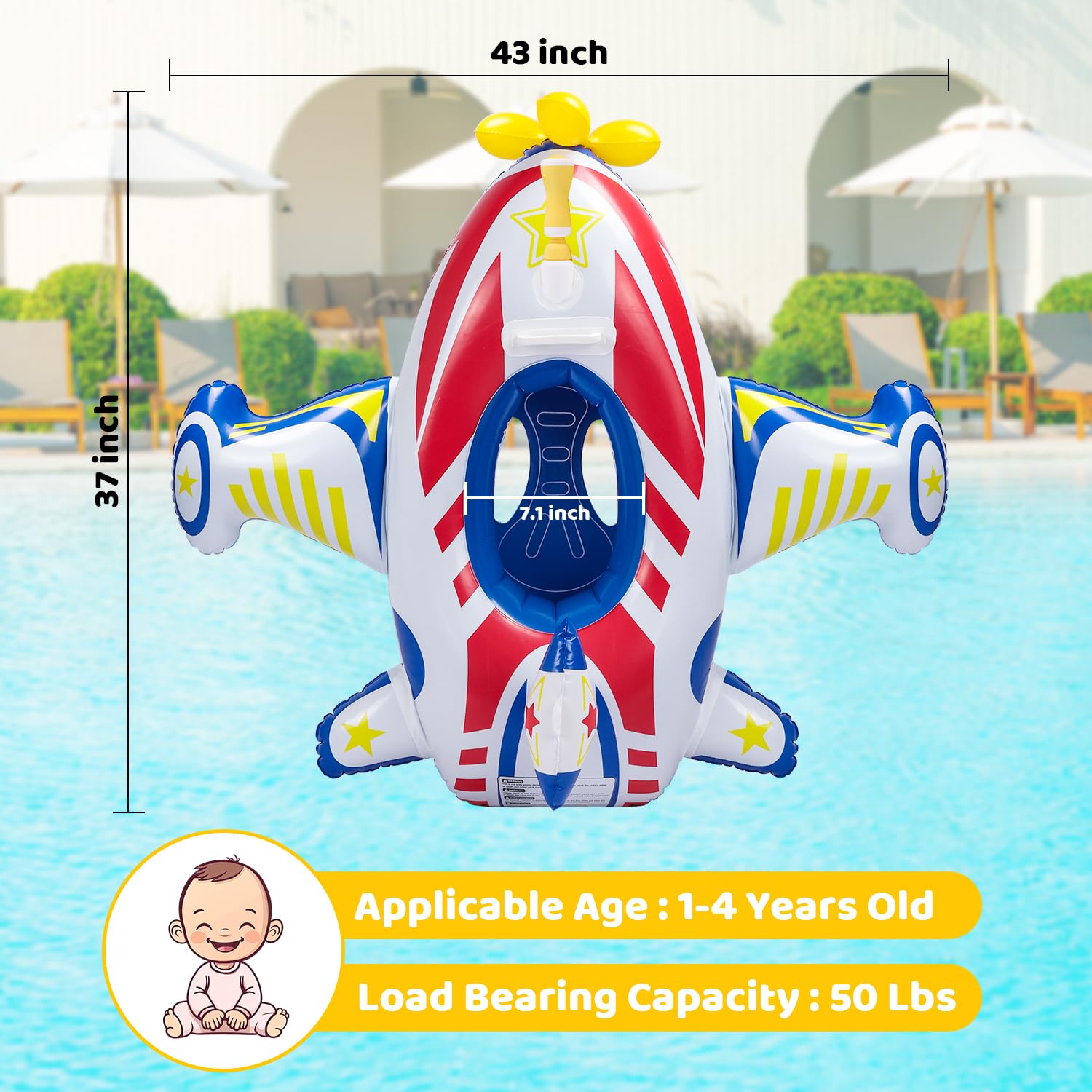 Baby Airplane Pool Float with Handle & Squirt Gun, Baby Swim Float Swimming Pool Float Kids Toddler Floaties Toddler Pool Float Age 1-4 Boys Girls