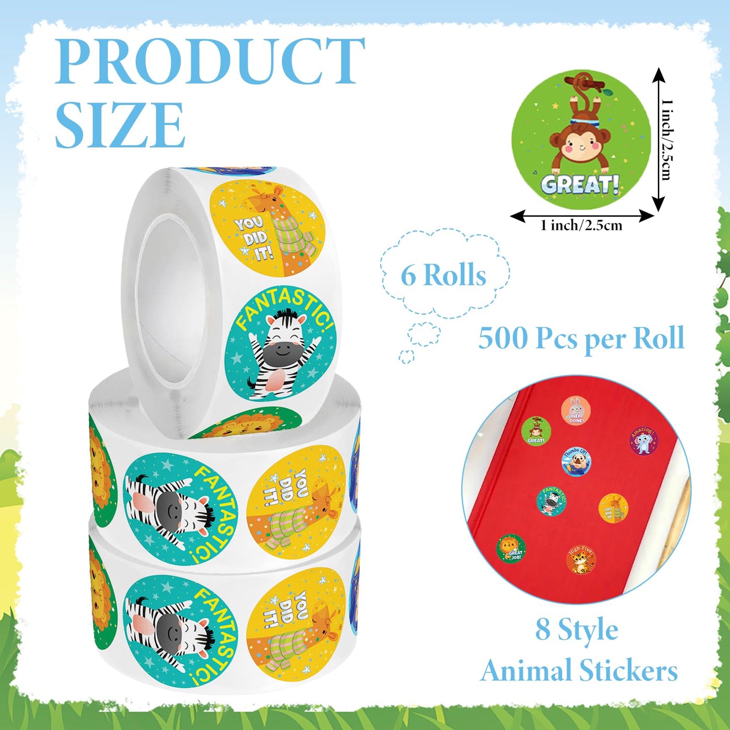 Decorwell 3000PCS Reward Stickers for Kids, 1 Inch Good Job Stickers Bulk 8 Animal Patterns, Classroom Incentive Stickers for Teachers, Party Favors