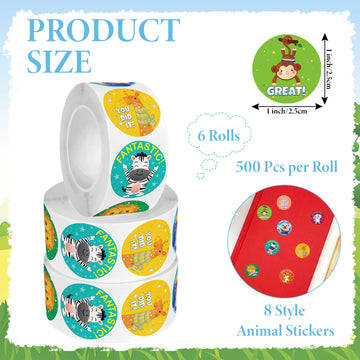 Decorwell 3000PCS Reward Stickers for Kids, 1 Inch Good Job Stickers Bulk 8 Animal Patterns, Classroom Incentive Stickers for Teachers, Party Favors