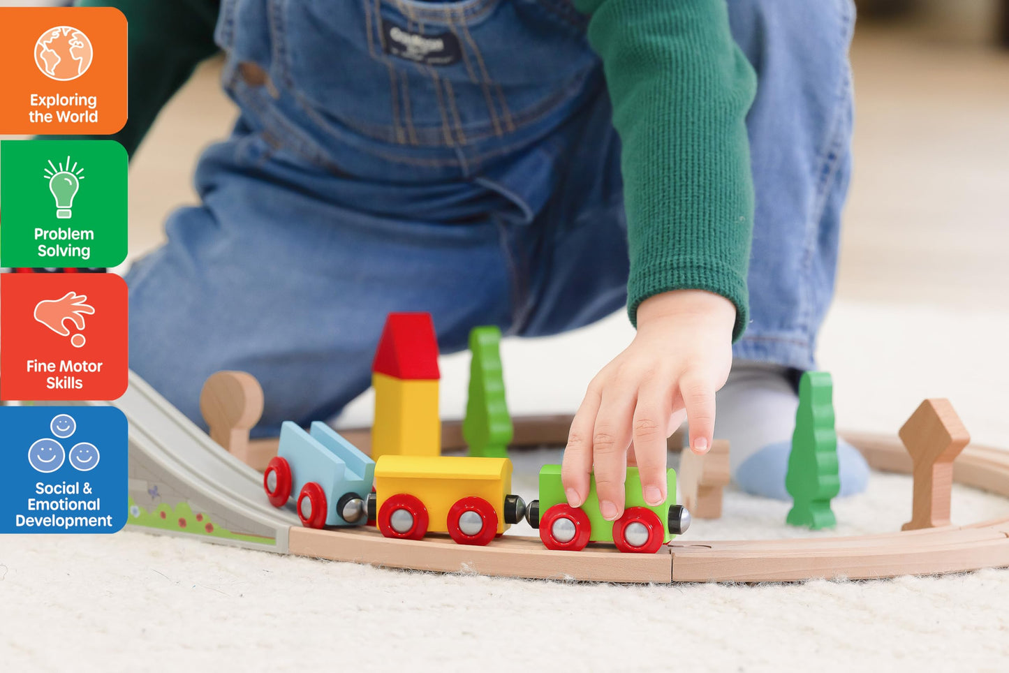 Jasey's Toy Chest 33-Piece Wooden Little Town Train Adventure Set | Interlocking Tracks, Bridge, & Town Accessories | Compatible with Other Wooden