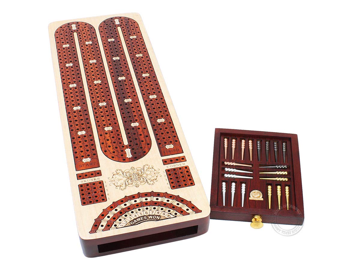 House of Cribbage - 4 Track Continuous Cribbage Board Inlaid in Bloodwood - Size: 13.5 Inches - Storage Drawer for Cribbage Pegs and Score Marking