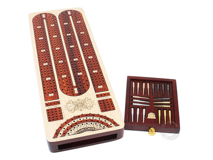 House of Cribbage - 4 Track Continuous Cribbage Board Inlaid in Bloodwood - Size: 13.5 Inches - Storage Drawer for Cribbage Pegs and Score Marking