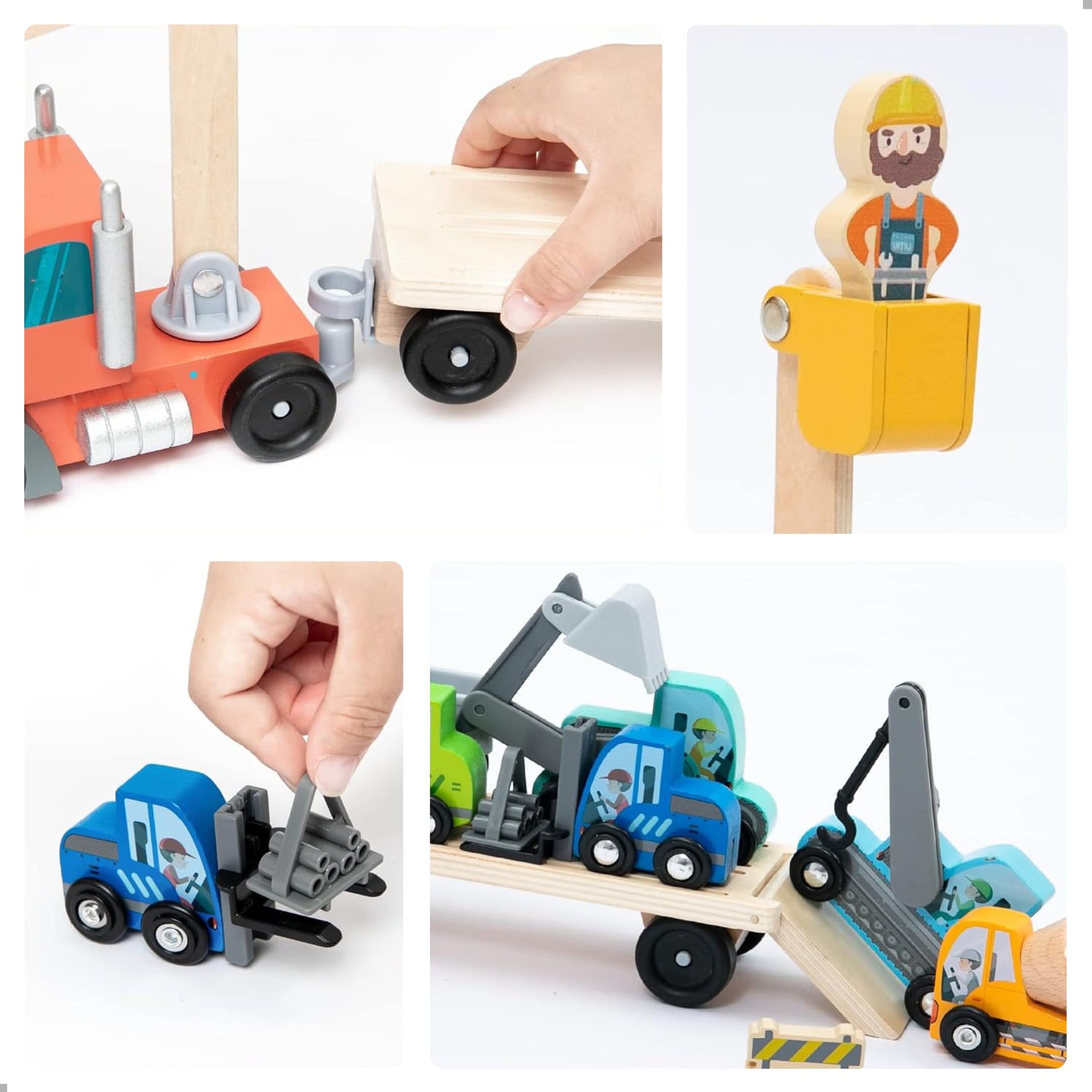 umu Construction Toy Cars 14 PCS Wooden Kids Mini Vehicles for Toddlers, Compatible to Thomas Train Toys Railway and Major Brands, Best for 3 to 5