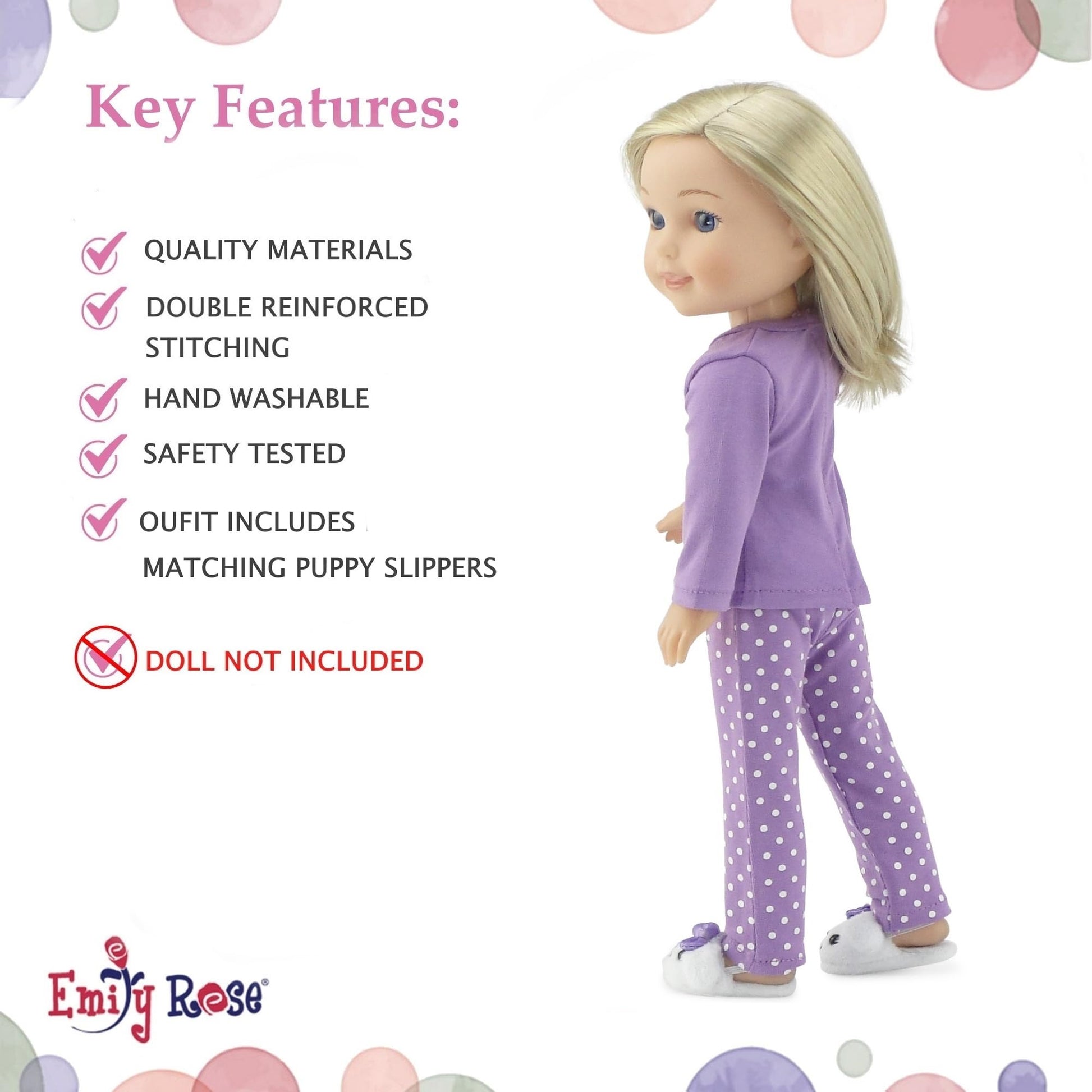 Emily Rose 14 Inch Doll Purple Polka Dot Pajama Set Gift Boxed | USA Brand 3-Piece Sleeping Outfit with Fluffy Puppy Slippers | Encourages Creative
