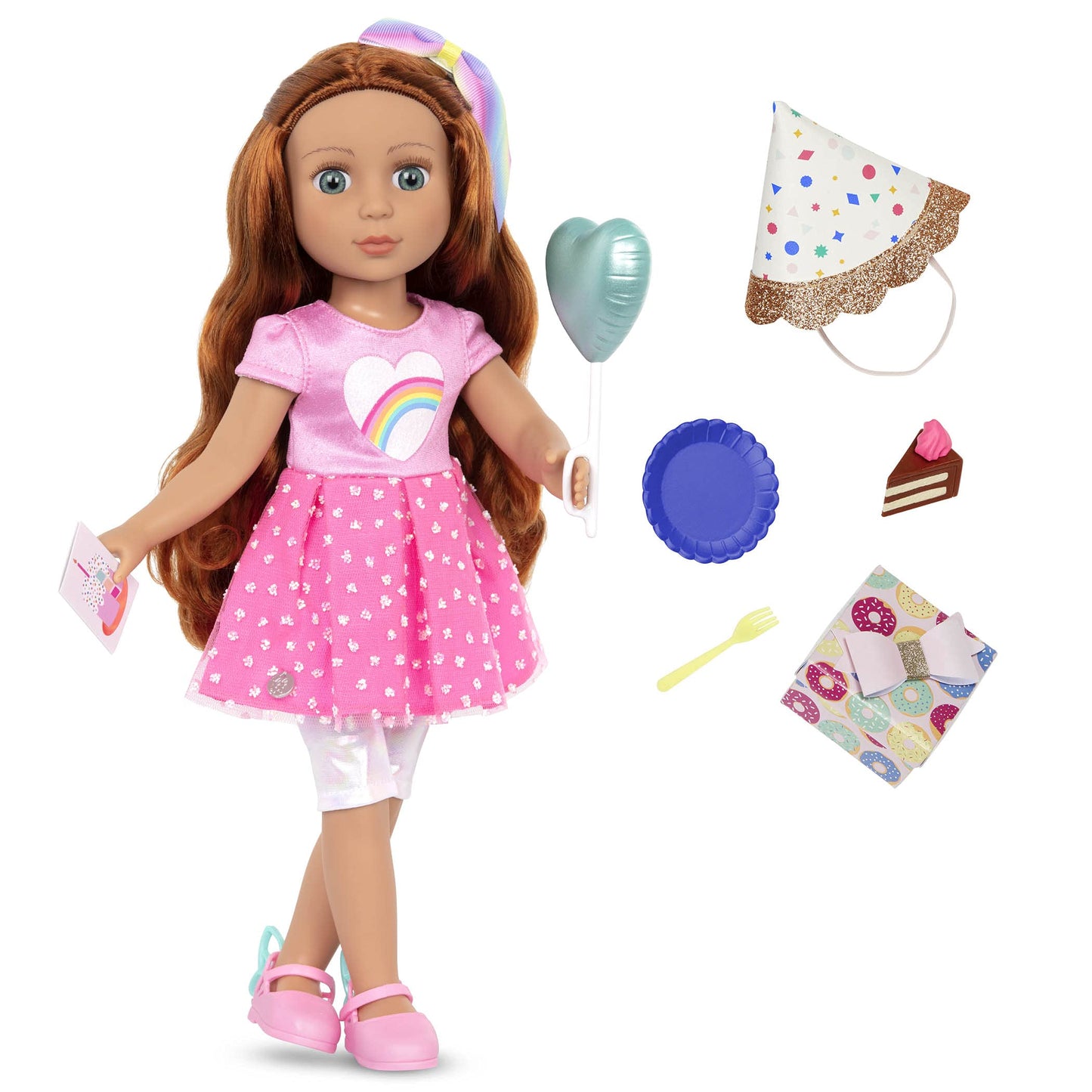 Glitter Girls - 14-Inch Birthday Doll - Red Hair & Green Eyes - Rainbow Heart Dress, Birthday Hat, Cake, Balloon, Gift - Toys, Clothes, and