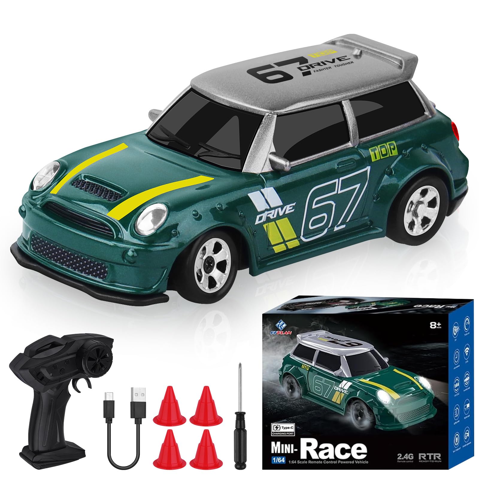 AEXCVG 1:64 Mini RC Drift Car, 4WD Remote Control Car with LED Lights