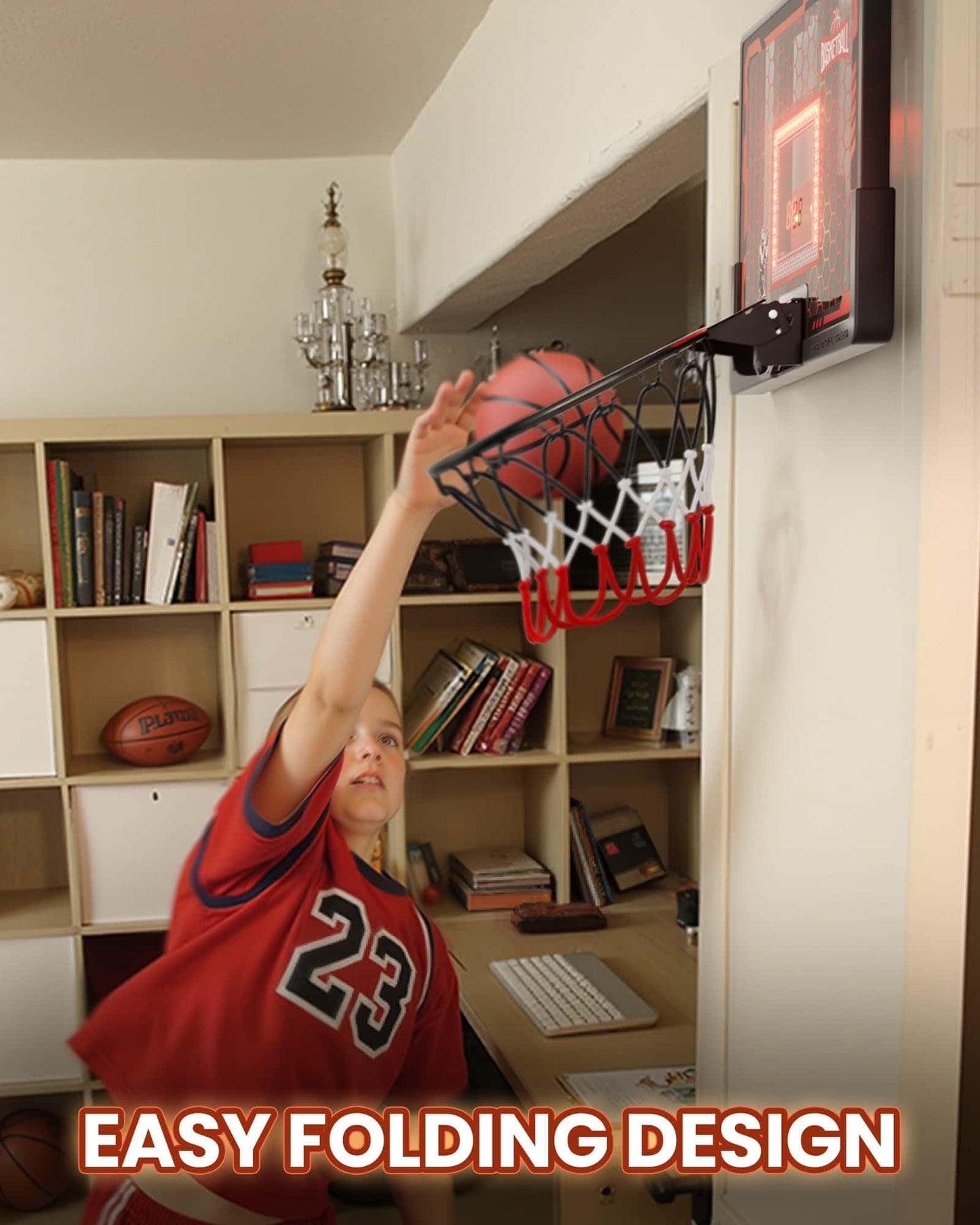 Indoor Basketball Hoop Pro for Kids, Over The Door Basketball Hoop with LED Light/Scoreboard/4 Balls- Upgraded Anti-Impact Backboard, Basketball Toys