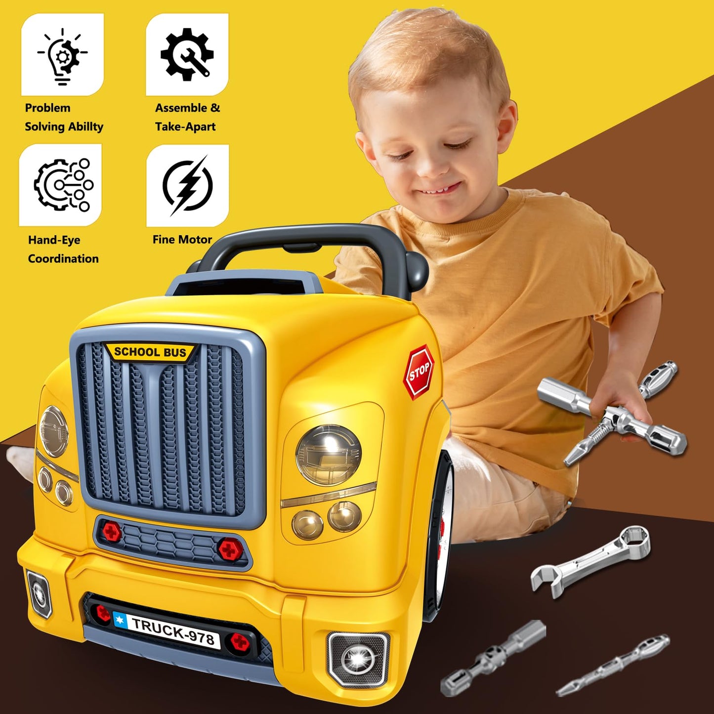 MUGEYMYD Large Truck Engine Toy for Kids 3-5, Take Apart Motor Vehicle Pretend Play Car with Light and Sound, Kids Mechanic Workshop Set, Toy Engine