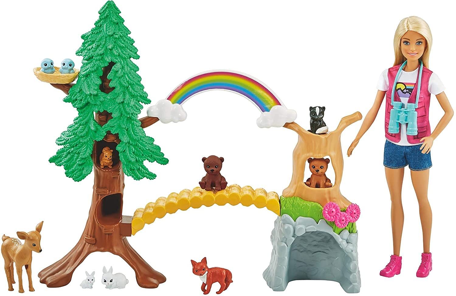 Barbie Wilderness Guide Doll and Playset, Blonde Fashion Doll with 10 Animal Figures, Tree, Rainbow and More