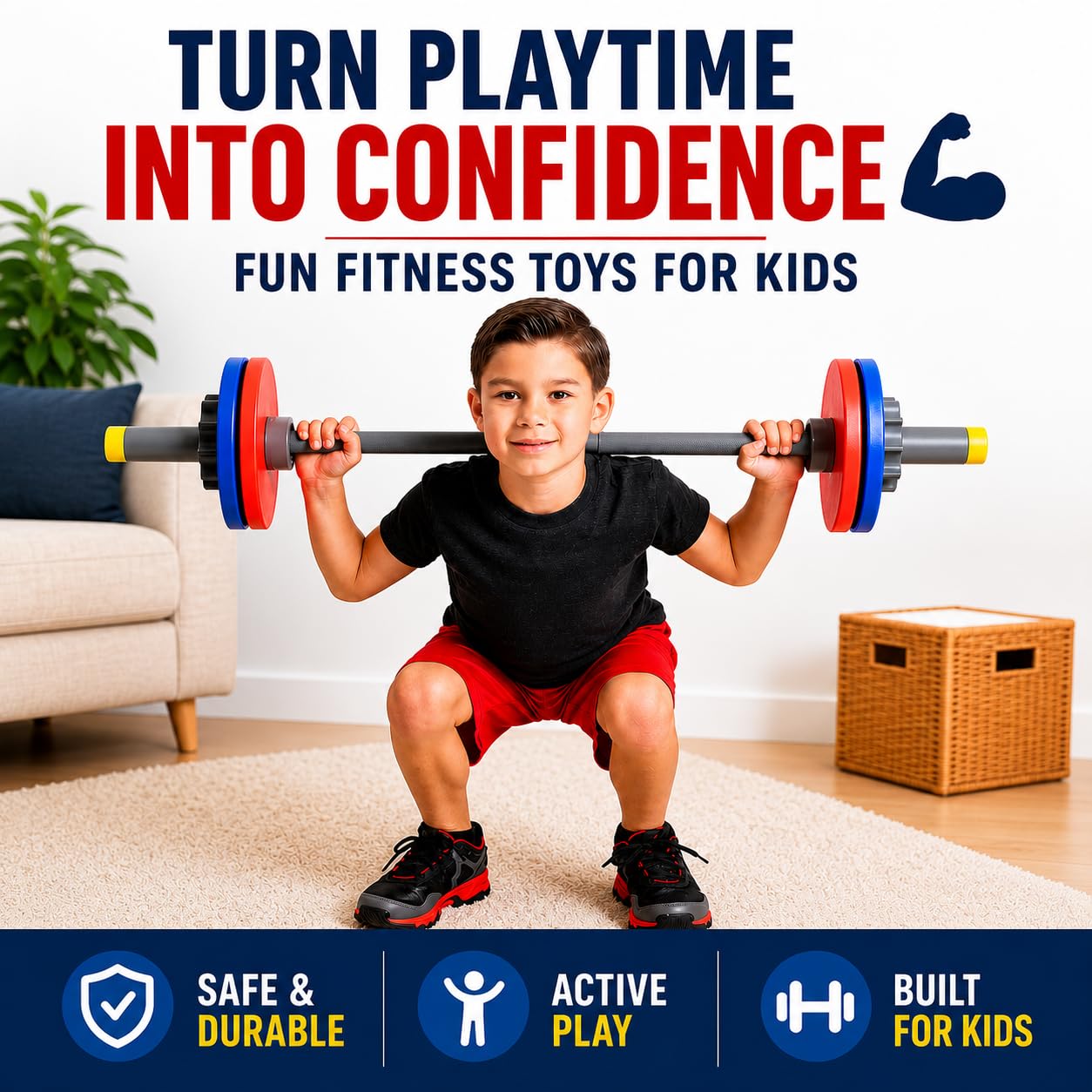 WOD Toys® Barbell Mini - Adjustable Kids Barbell Toy Weight Set for Kid Fitness, Weightlifting and Power lifting - Safe, Durable Kid's Gym Workout