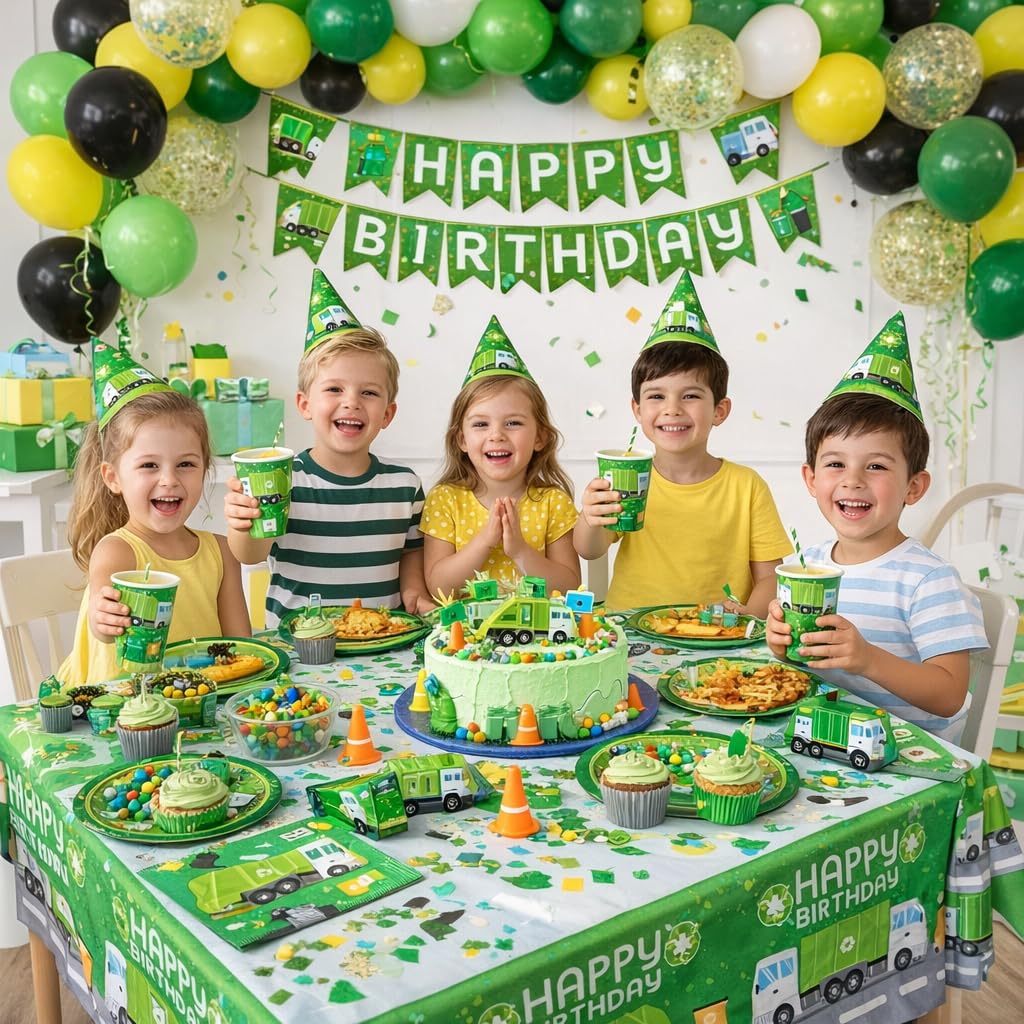 Oojami Garbage Truck Party Supplies - Serves 24, Complete Birthday Tableware Set with Plates, Cups, Napkins & Table Covers for Kids Garbage Truck