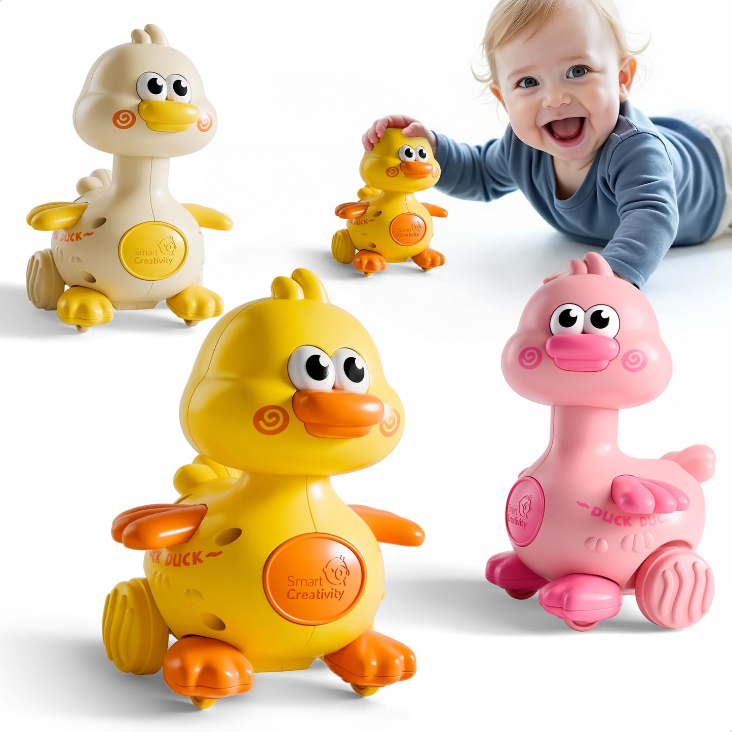 iPlay, iLearn Press to Go Duck Car Toys Set for Toddlers 1-3, Baby Push Go Racing Cars, Infant Play Vehicle Set, 1st Valentine Gift Easter Stuffer