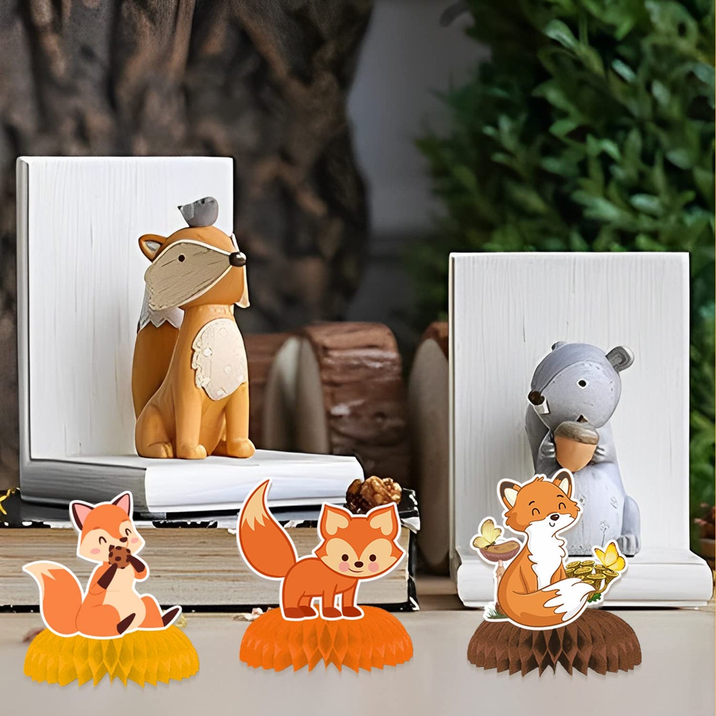 9PCS Fox Honeycomb Centerpieces 3D Table Topper Woodland Animals Double Side Centerpieces for Girl Boy Fox Theme Baby Shower Birthday Party