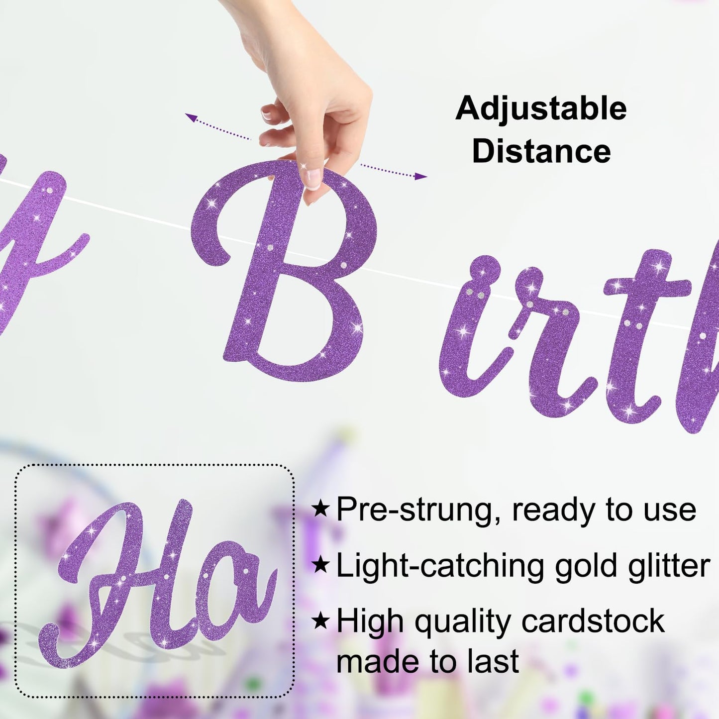 Danadia Pre-Strung Happy Birthday Banner, NO DIY Party Decorations (Purple)
