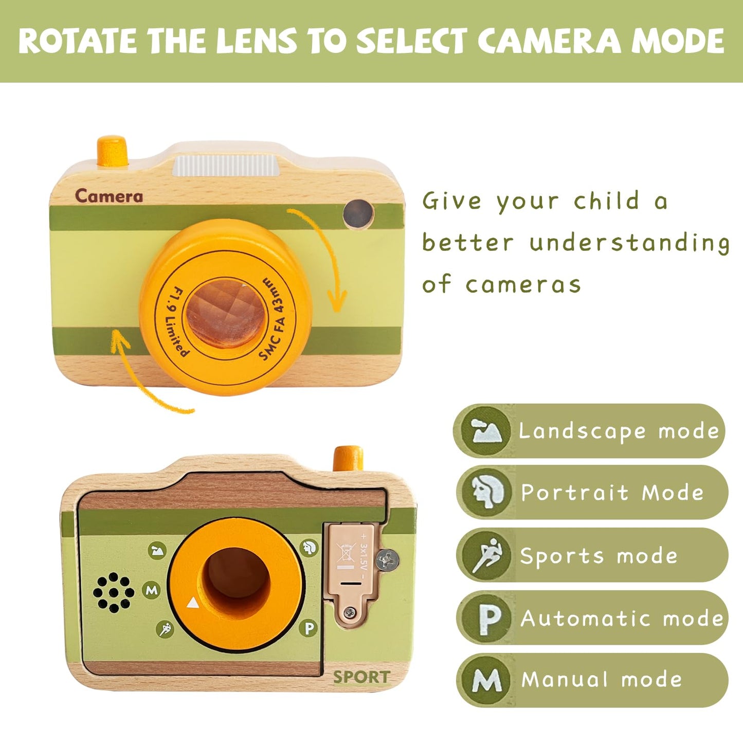 Wooden Mini Pretend Camera Toy with Real Sounds and Light for Toddlers 3 Years Old, Neck Hanging Photographed Props for Boys Girls Children Kids