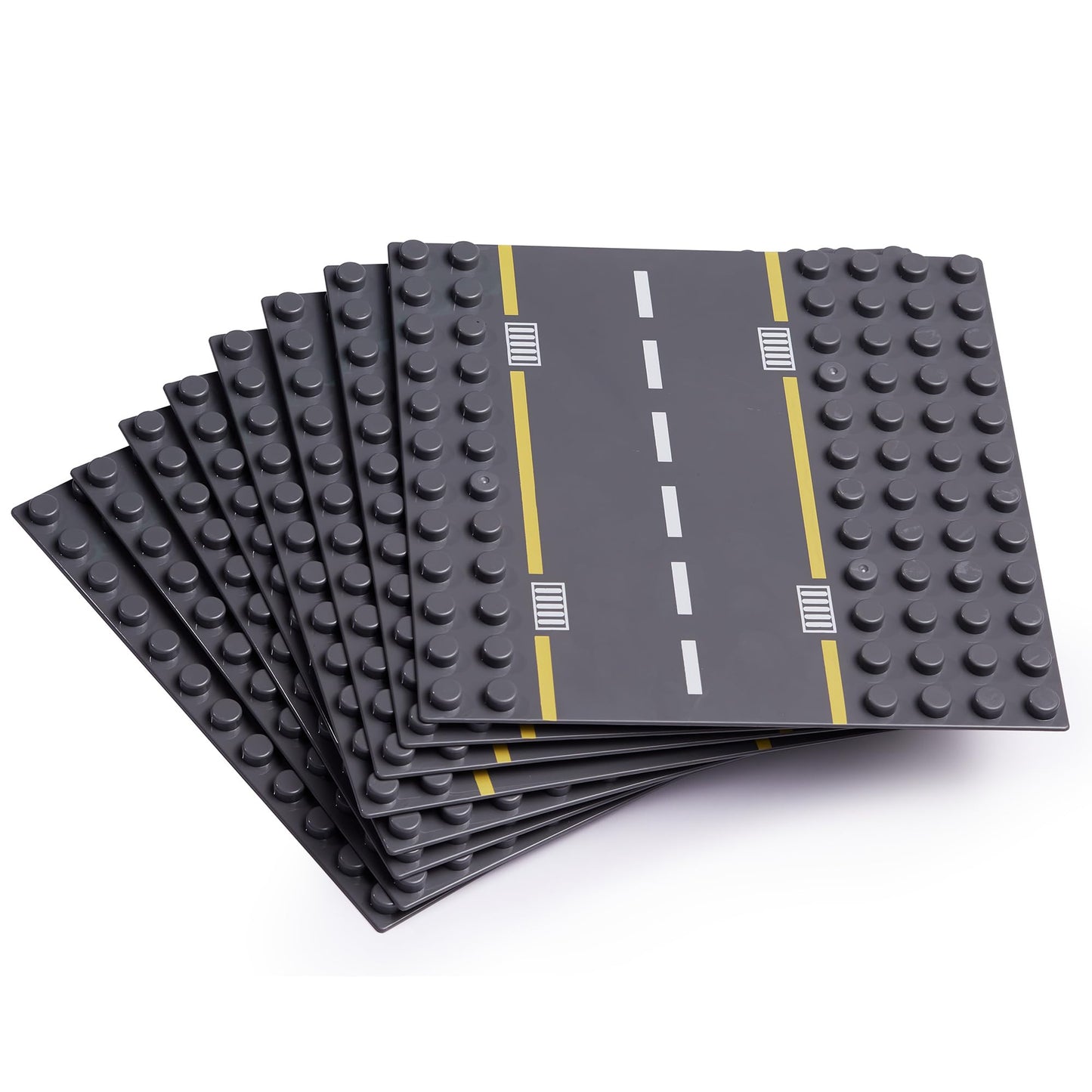 Apostrophe Games Building Block Road Base Plates Compatible with Large Bricks - 8Pcs Straight and Curved Road Construction Blocks - 7.5 x 7.5 Inch