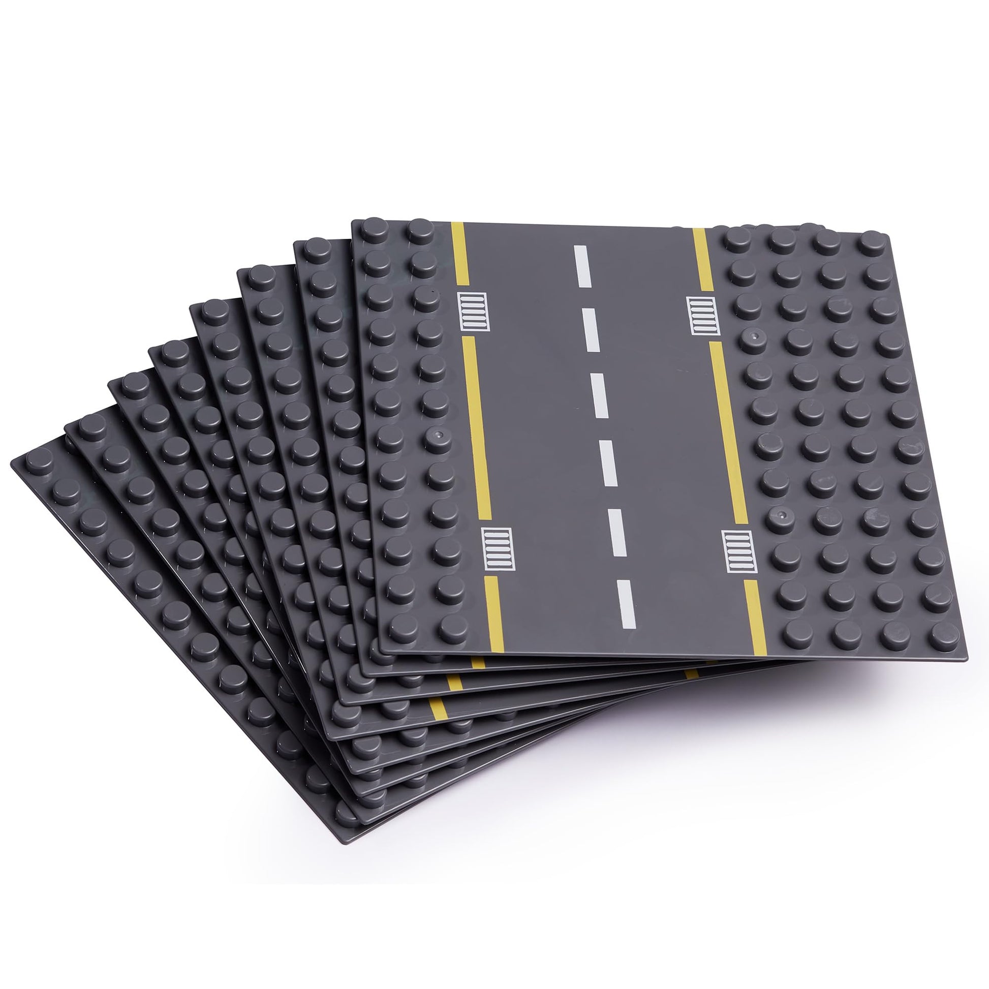 Apostrophe Games Building Block Road Base Plates Compatible with Large Bricks - 8Pcs Straight and Curved Road Construction Blocks - 7.5 x 7.5 Inch