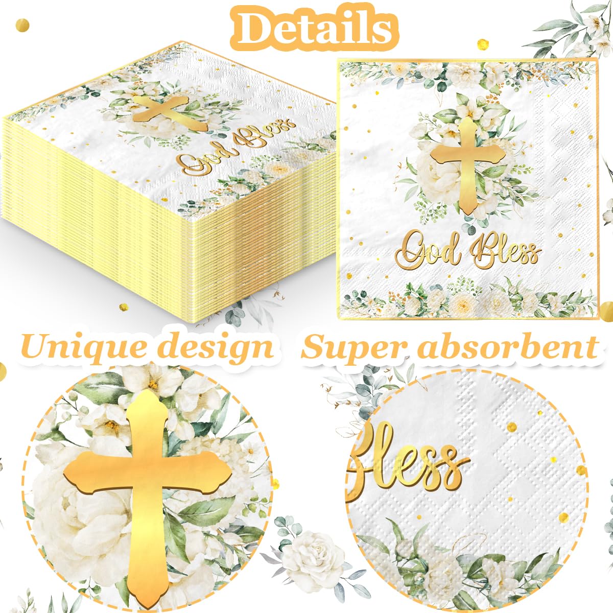 40pcs Floral God Bless Napkins Baptism Decorations for Girl Baptism Paper Napkins Religious Disposable First Communion Holy Christening Party Supplies