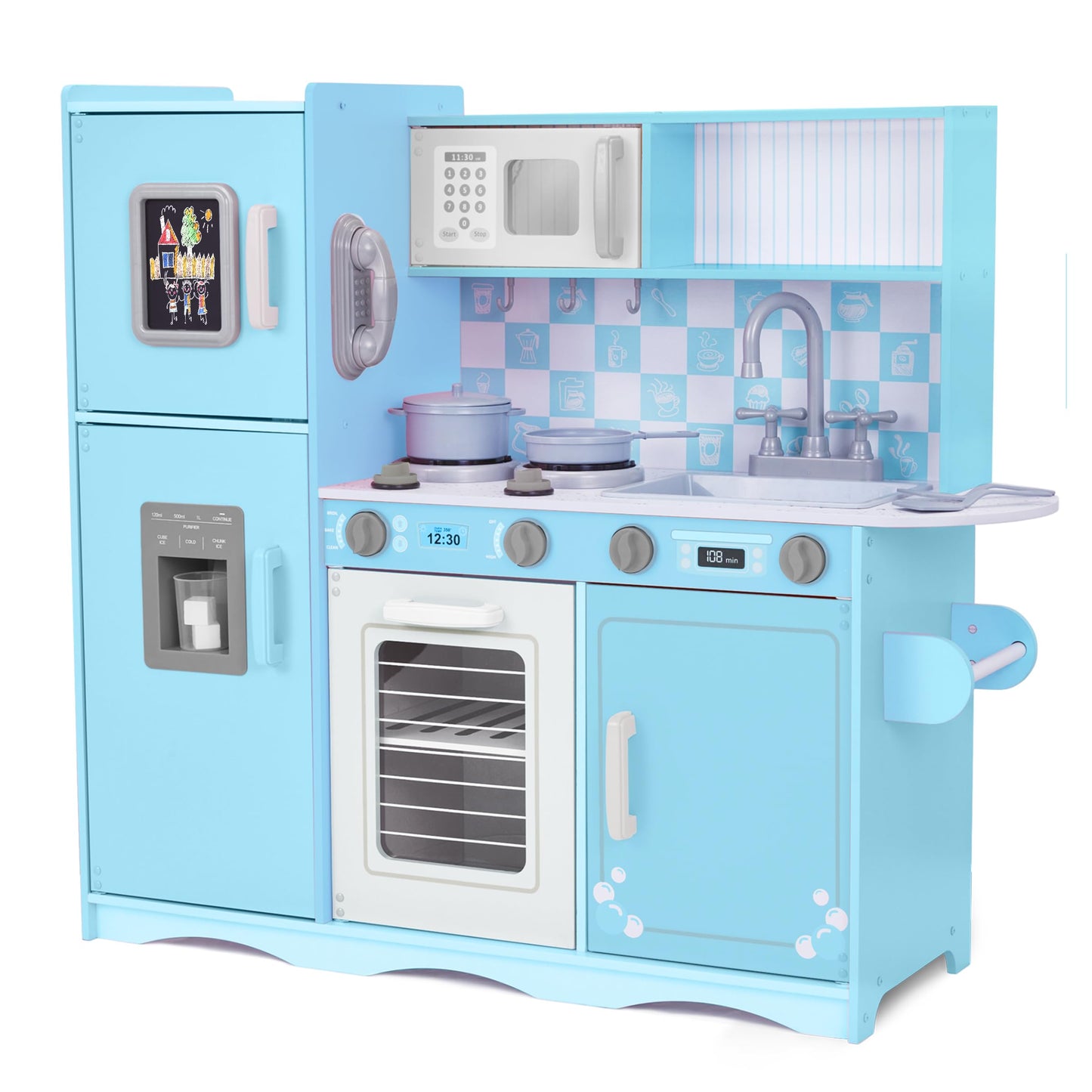 Lil' Jumbl Kids Kitchen Set, Pretend Wooden Play Kitchen with Chalk Board, Play Phone, Towel Rack & Ice Dispenser, Clicking Knobs, Pots & Utensils
