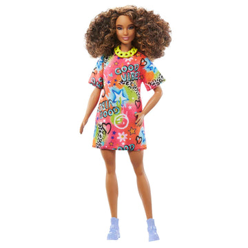 Barbie Fashionistas Doll #201, Athletic Body with Curly Brunette Hair, Graffiti-Print Dress & Accessories Including Boots & Chain Necklace