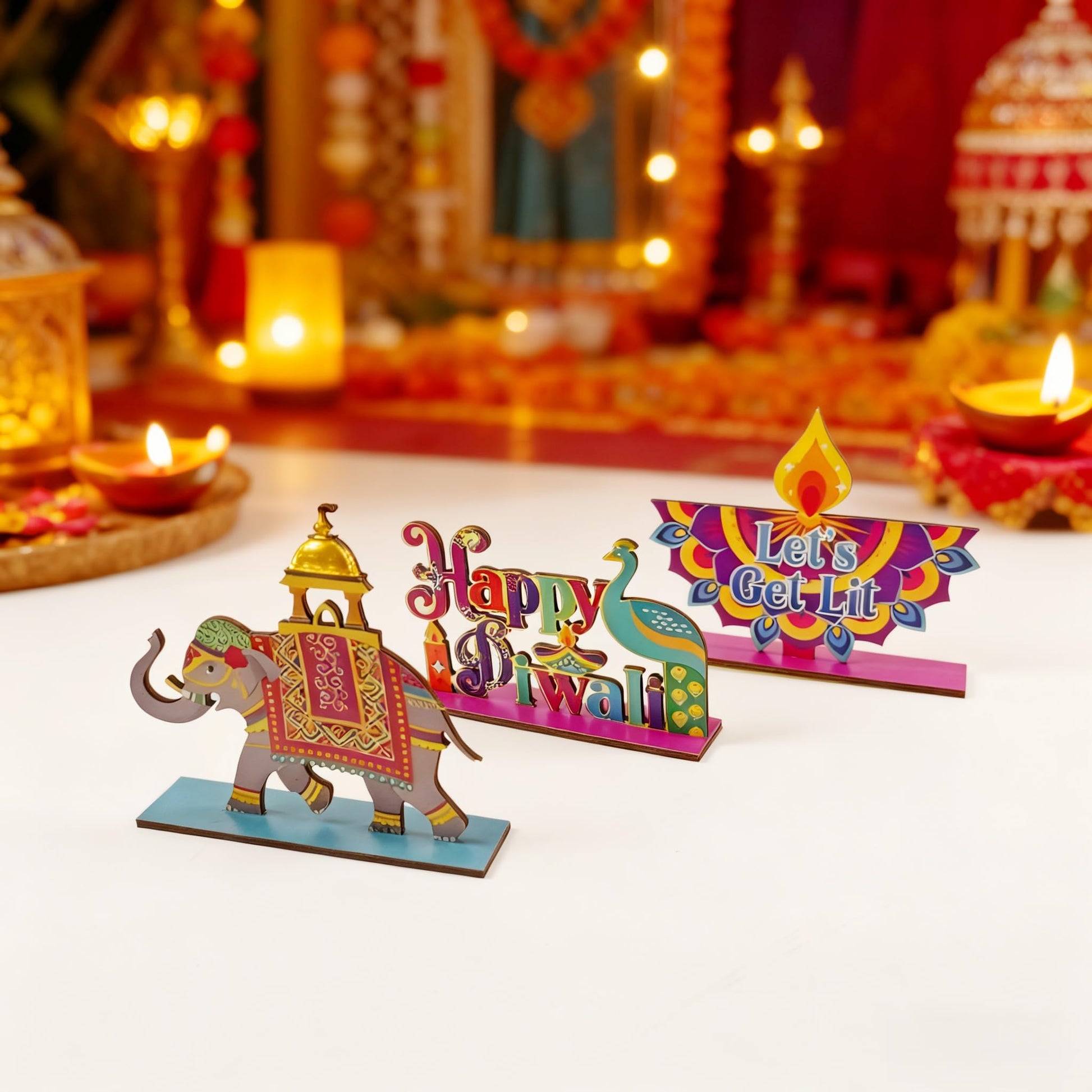 KYMY Diwali Wooden Table Decorations, 3 Pcs Deepavali Rangoli Wood Centerpieces, Festival of Lights Diyas Desktop Signs & Ornaments for Indian Hindu