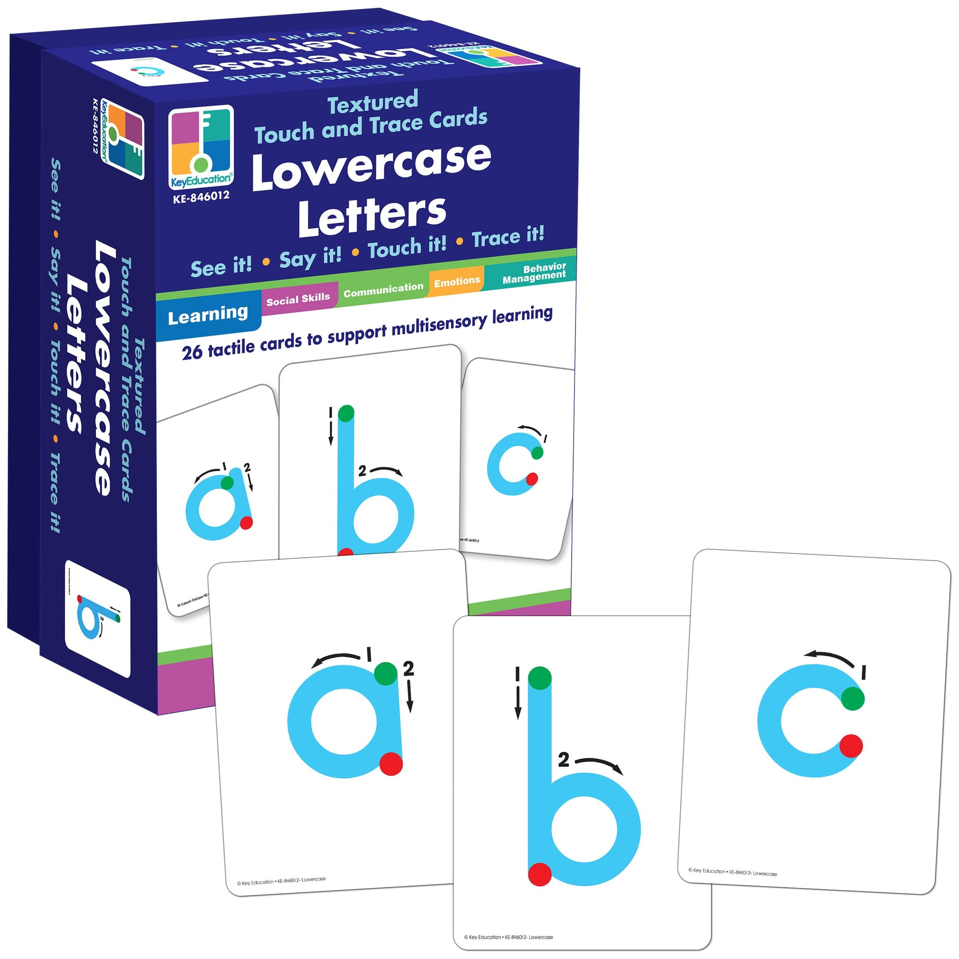 Key Education 26-Piece Textured Touch and Trace Cards Lowercase Letters, Color-Coded Letter Tracing Flash Cards, Multisensory Alphabet Cards
