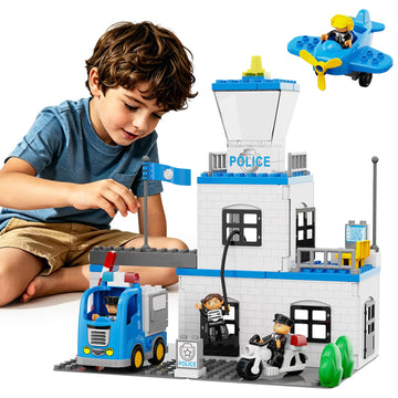 Rescue Police Station Toy, 76Pcs Classic Big Building Blocks Compatible With All Major Brand, Push & Go Car Toy w/Police Motorcycle/Car/Airplane