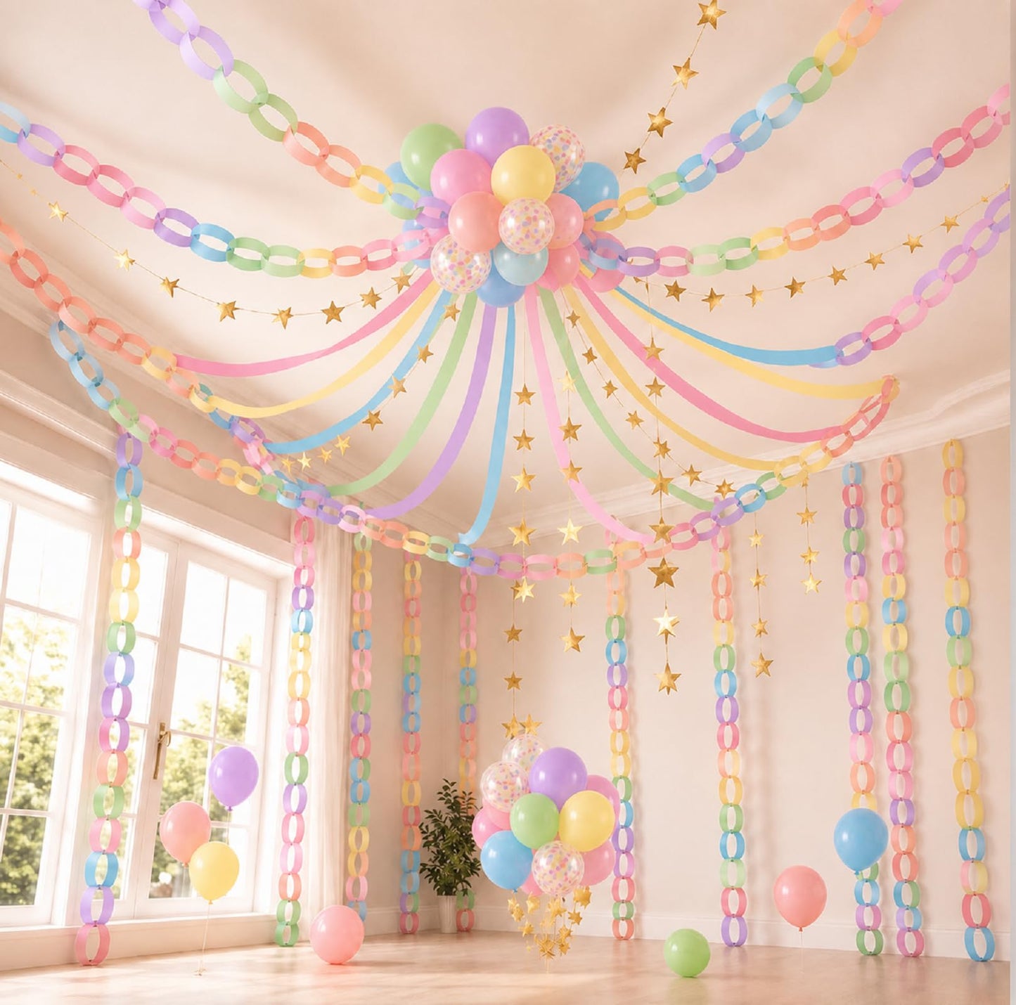 Baudane 542 Pcs Pastel Party Decorations 492 ft Crepe Paper Streamers, 500 Sheets Paper Chains Strips, 79.2ft Gold Star Garlands with 30 Balloons