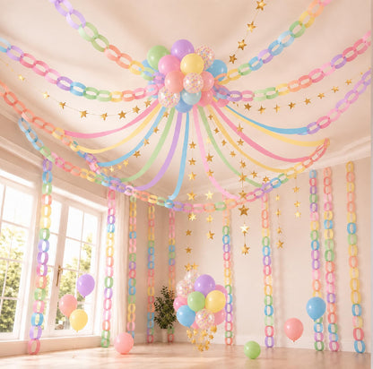 Baudane 542 Pcs Pastel Party Decorations 492 ft Crepe Paper Streamers, 500 Sheets Paper Chains Strips, 79.2ft Gold Star Garlands with 30 Balloons