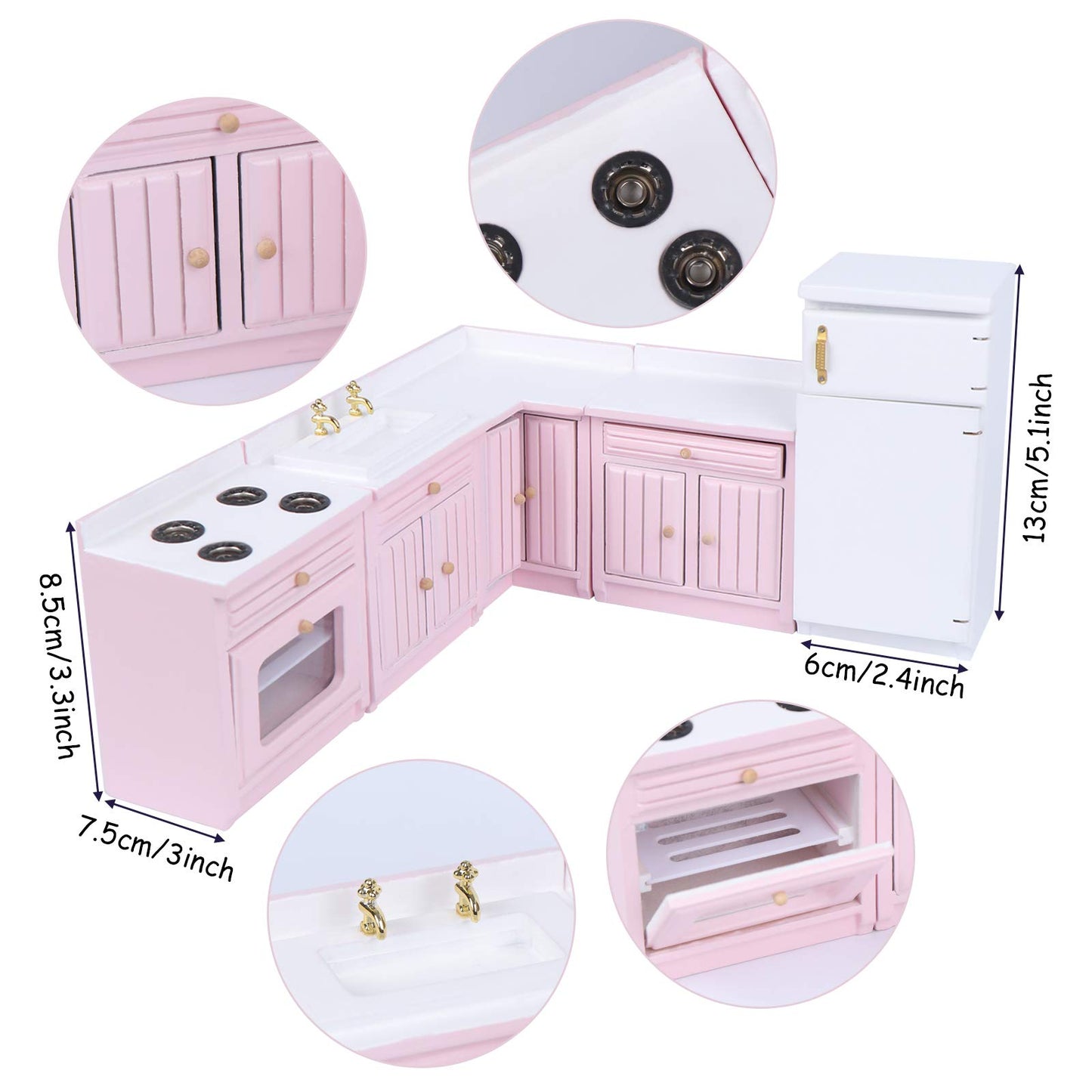 Haomian 1:12 Scale Dollhouse Kitchen Furniture Set, Pink Wooden Miniature L-Shaped Kitchen Cabinets with Fridge Sink Stove, Doll House Kitchen