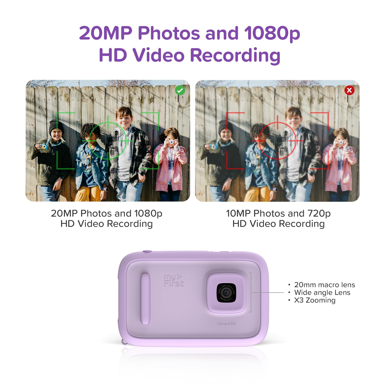 myFirst Camera 50 AI Camera for Kids, 20MP Dual Lens, 1080P Video, Kids Digital Camera with Selfie Light, AI Editor, Safe Sharing, Video Diary, 16GB