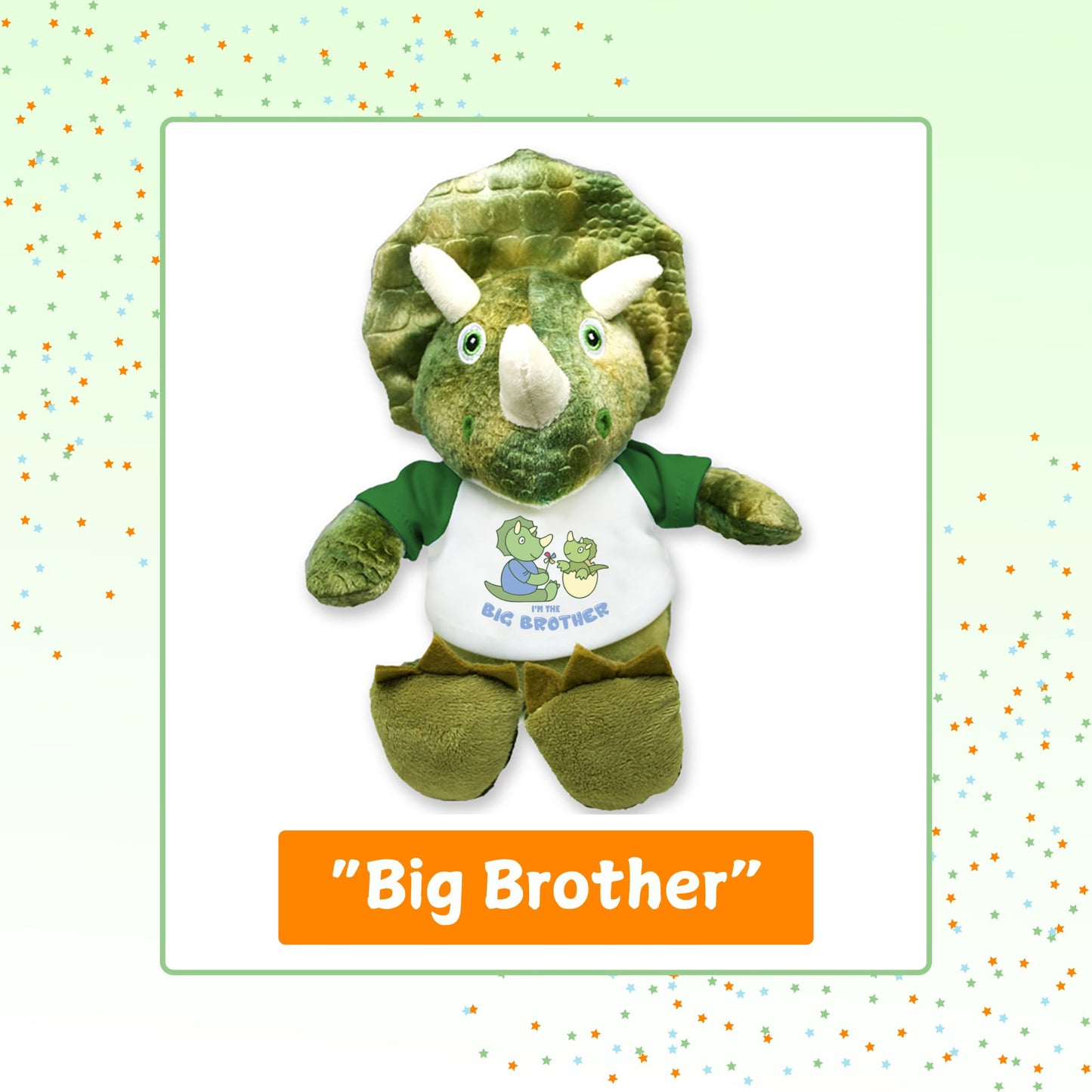 Flutter Hut I'm The Big Brother Green Triceratops Plush Dinosaur Message T-Shirt 8 Inches