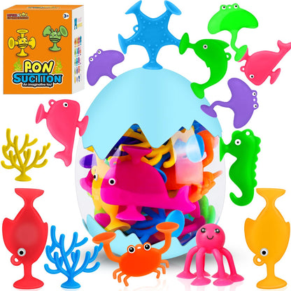 18PCS Suction Bath Toys for Toddler Kids, Mold Free Silicone Ocean Animals Suction Cup Bathtub Toys, No Hole Sensory Window Fidget Toys, Fun Creative