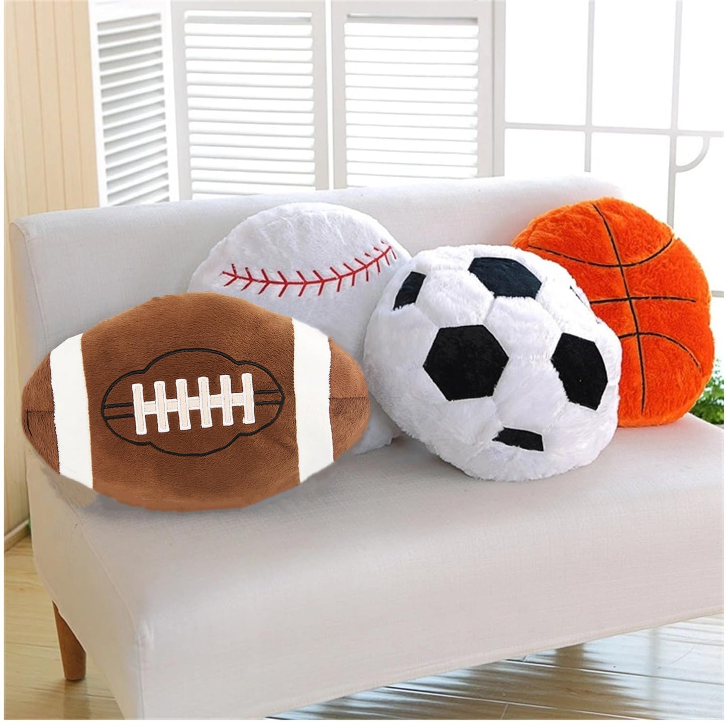 4 Pcs Sports Throw Pillows Fluffy Stuffed Soccer Ball Plush Pillow Baseball Throw Pillow Soft Stuffed Basketball Plush Pillows Football Shaped Plush