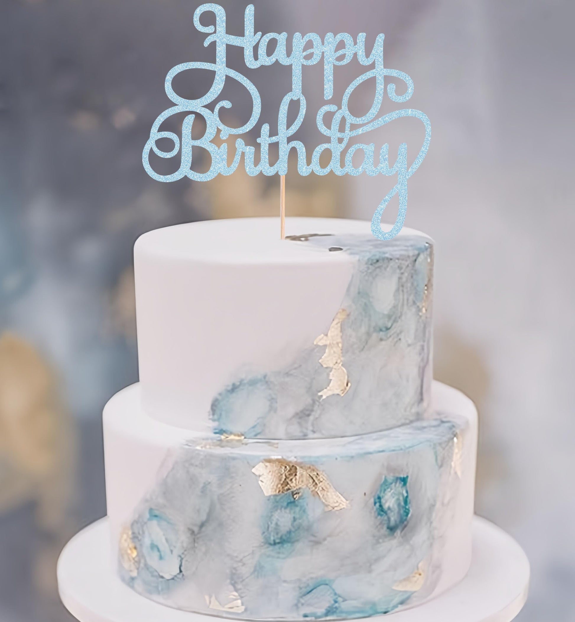 EONNCNT Happy Birthday Cake Topper - Light Blue Glitter Birthday Party Cake Decoration Supplies, Photo Booth Props
